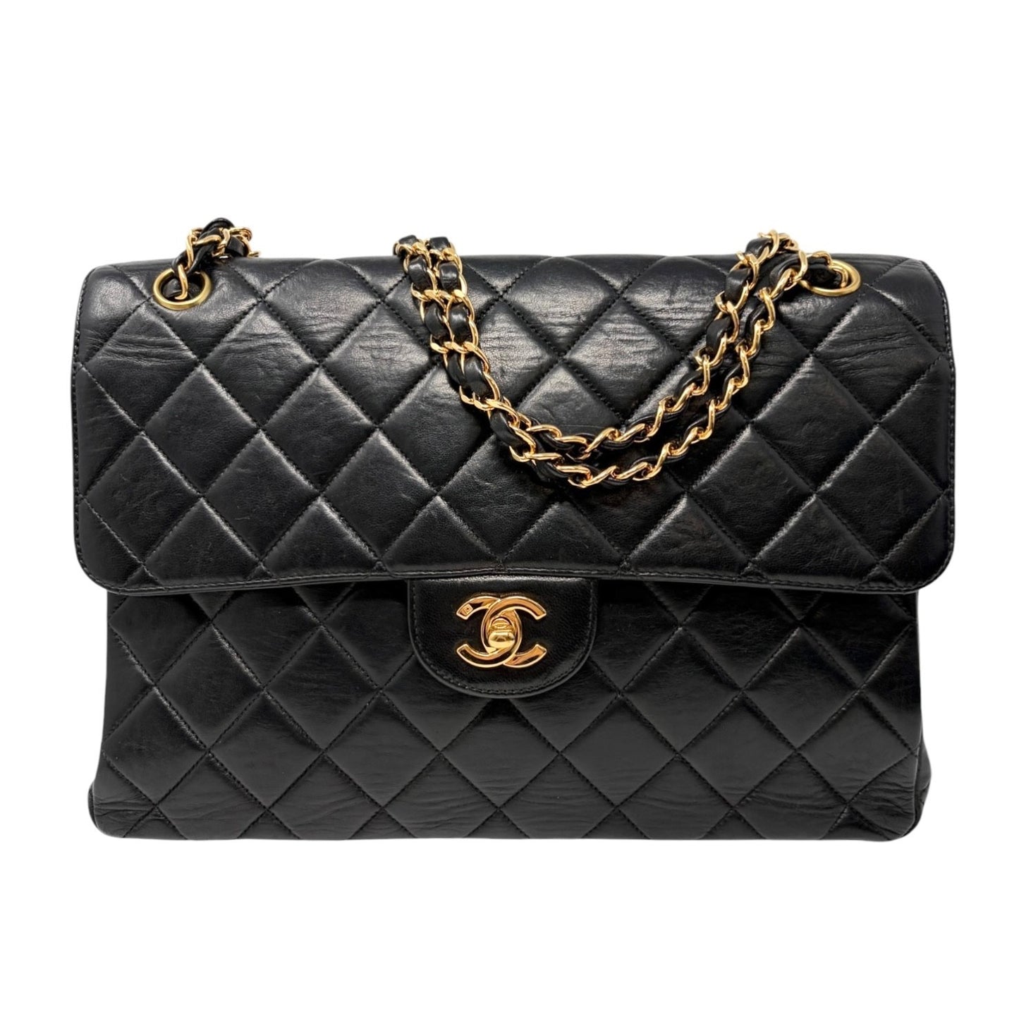 CHANEL Vintage CC Logo Quilted Double Flap Shoulder Bag Black Leather 902096