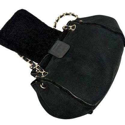 CHANEL Vintage CC Logo Mouton Chain Shoulder Bag Black Gold Suede 902831