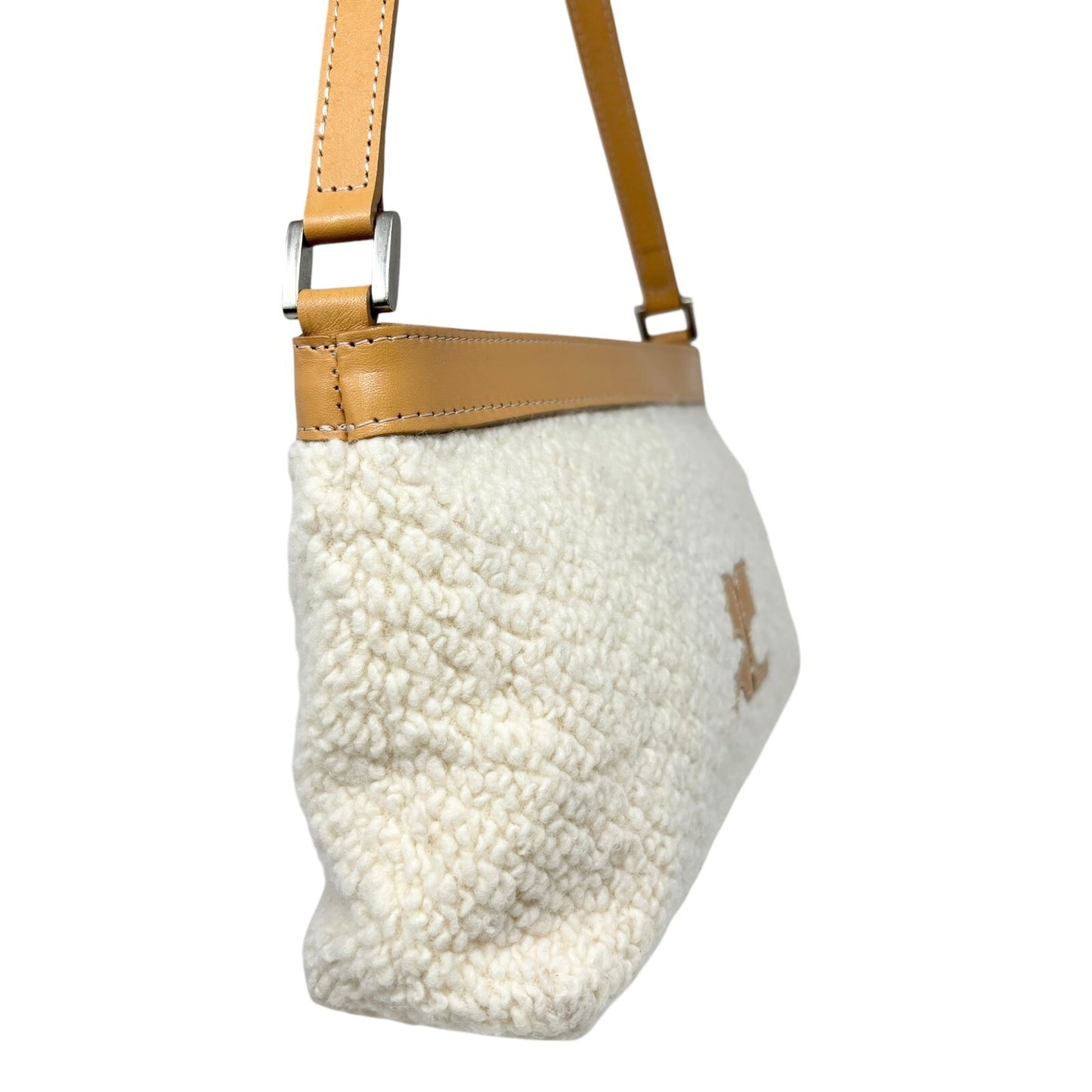 Courreges Vintage Logo Stitch Shoulder Bag Cream Brown Acrylic Leather Rank AB