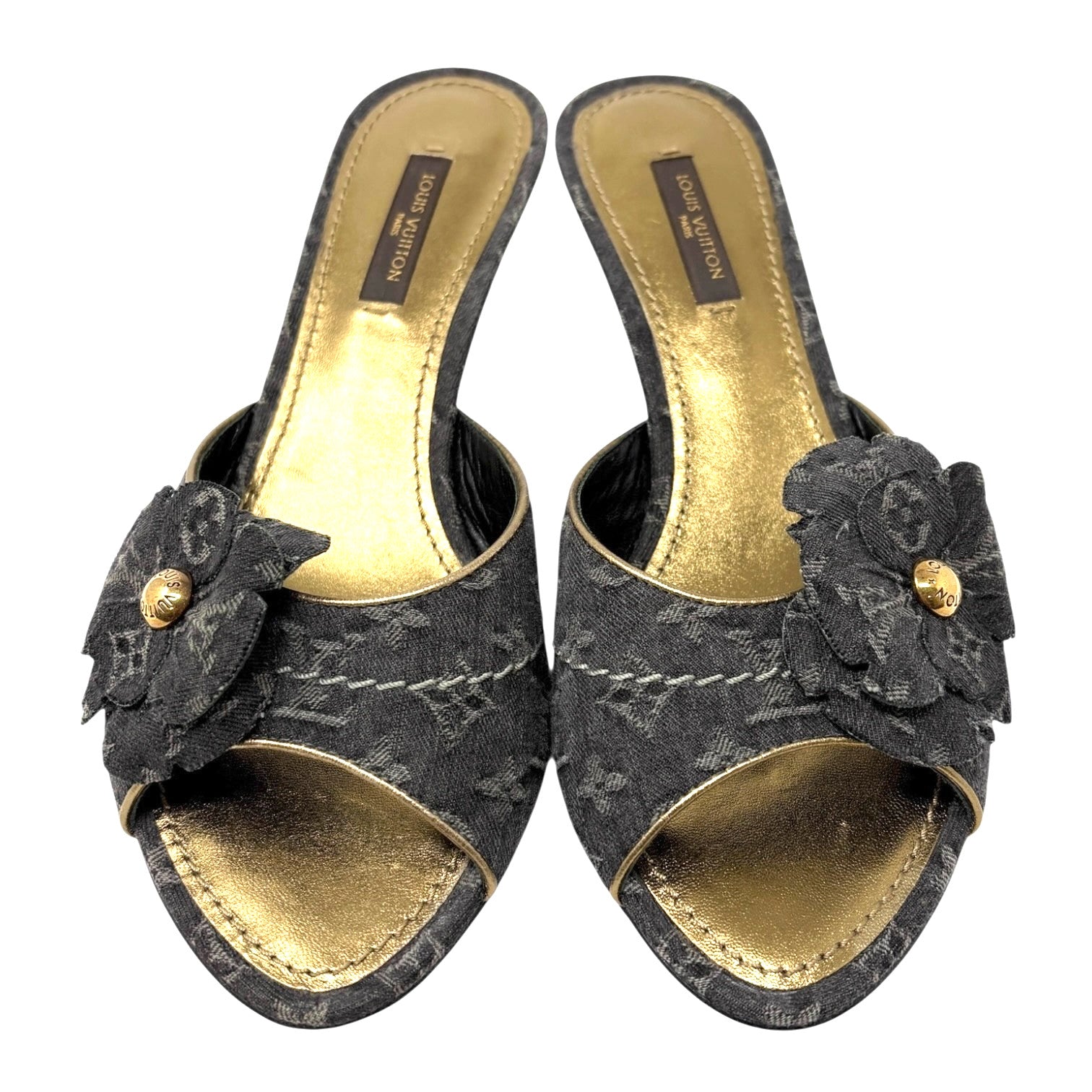 LOUIS VUITTON Vintage Monogram Denim Heels Sandals #36.5 Black Gold Corsage
