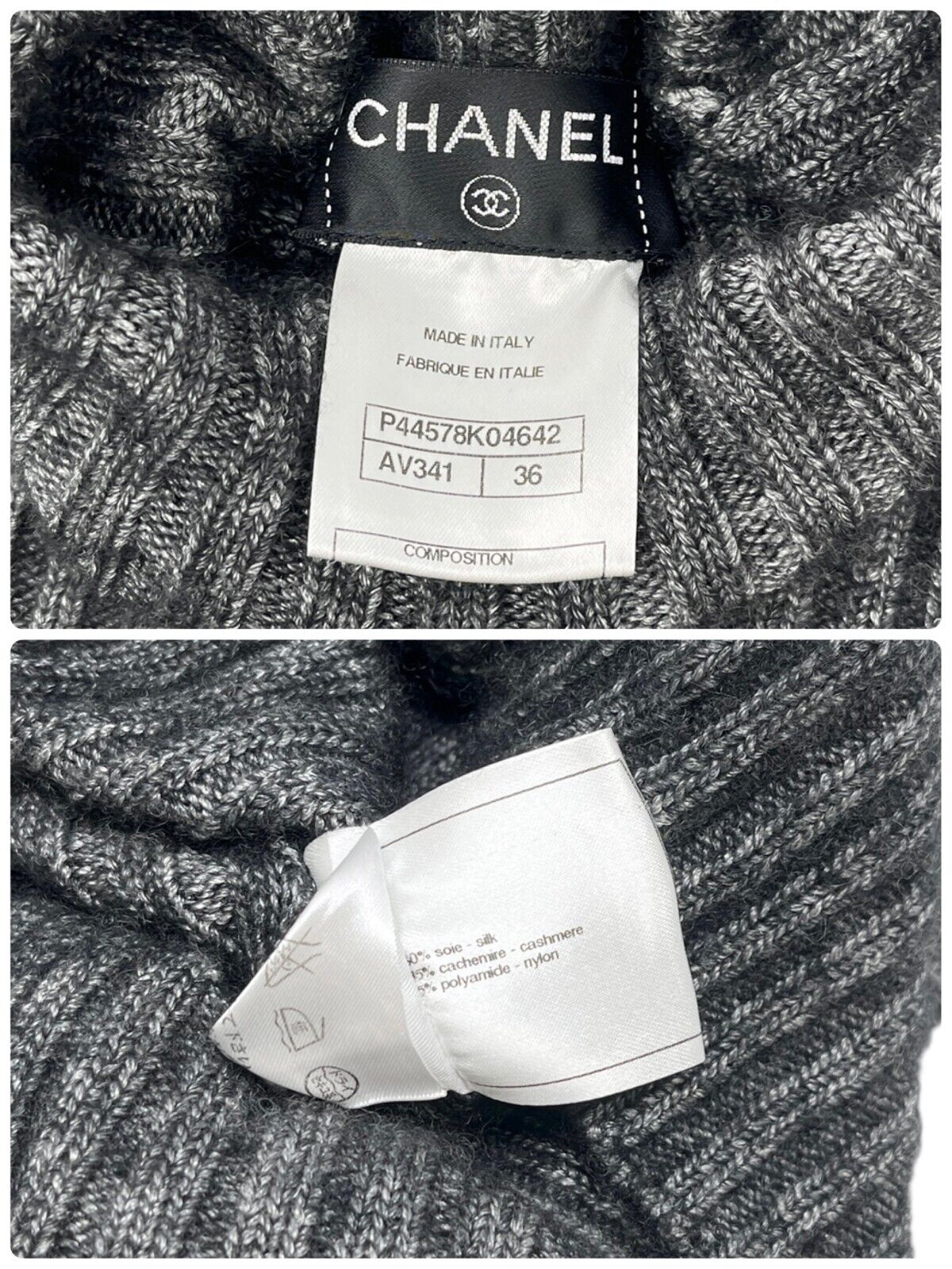 CHANEL Vintage P44578 CC Mark Turtleneck Sweater Top #36 Gray Cashmere RankAB+