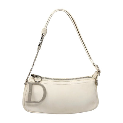 Christian Dior Vintage Logo D Charm Shoulder Bag White Silver Leather 902377