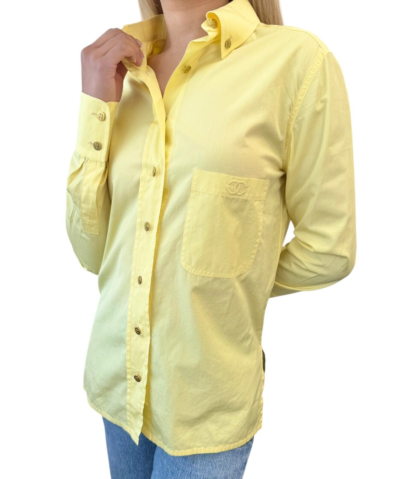 CHANEL Vintage PO4946 CC Mark Logo Shirt Top #36 Button Up Yellow Gold Cotton