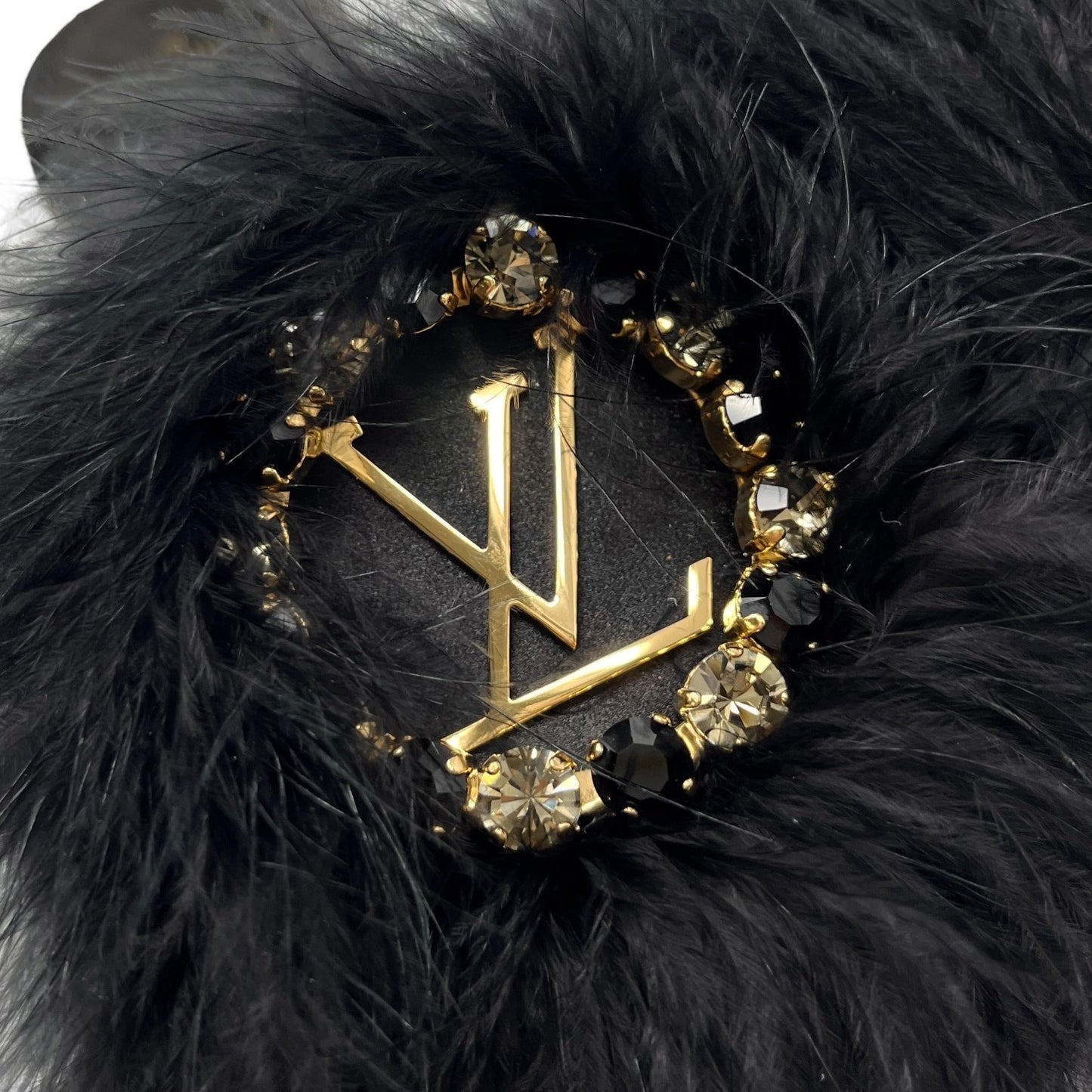 LOUIS VUITTON LV Bijou Logo Fur Flat Sandals #36 Rhinestone Black Gold Satin