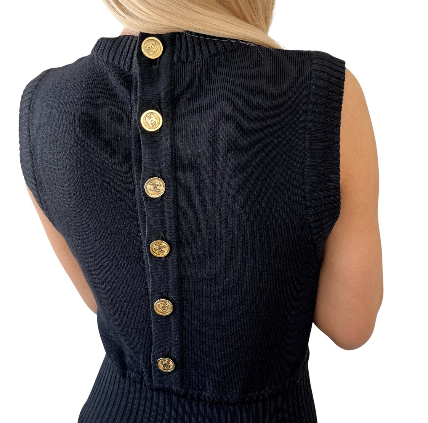 CHANEL Vintage CC Mark Logo Knit Jumpsuit Rompers Sleeveless Button Black Wool