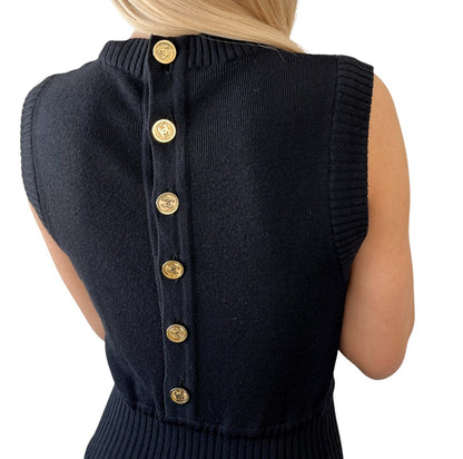 CHANEL Vintage CC Mark Logo Knit Jumpsuit Rompers Sleeveless Button Black Wool