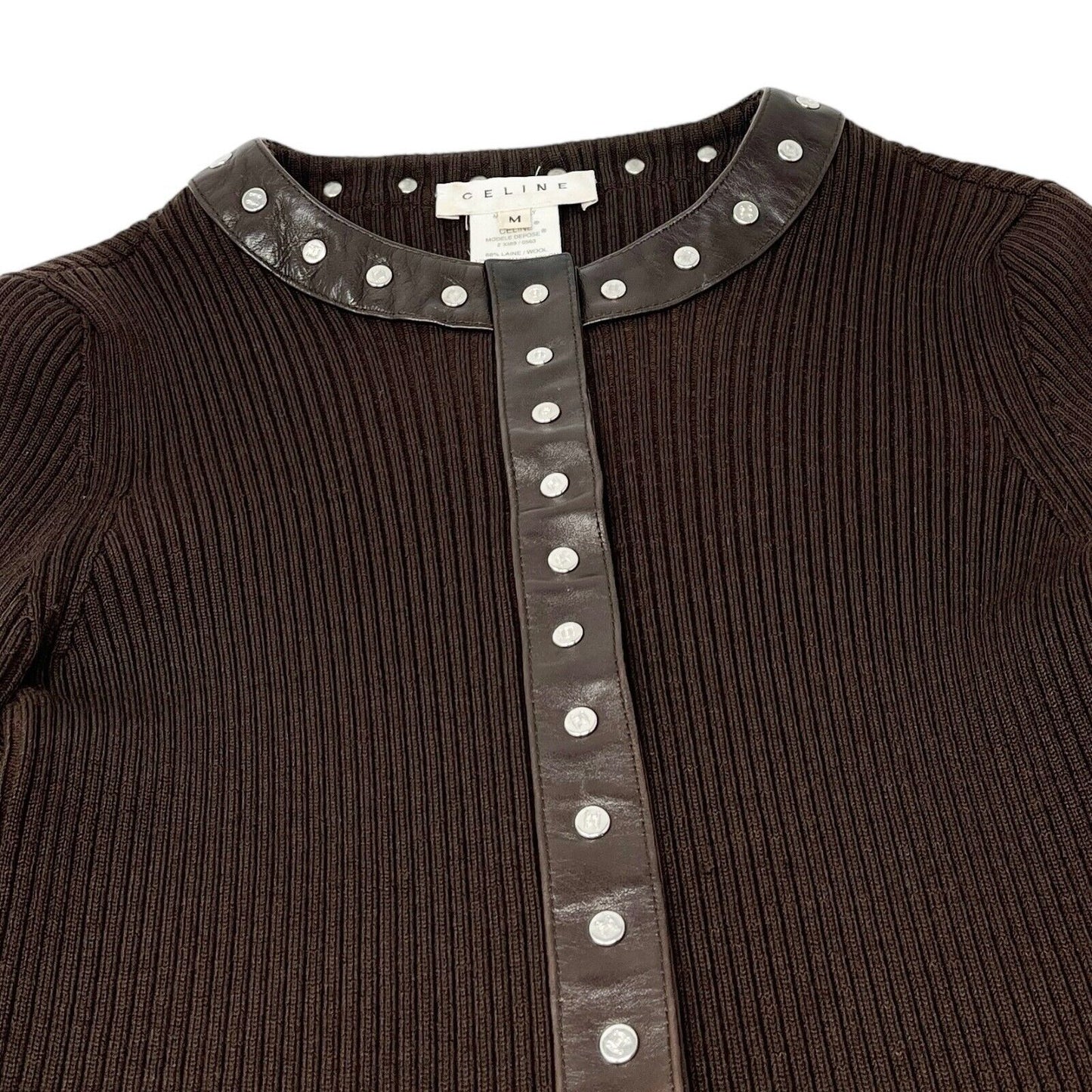 CELINE Vintage Macadam Logo Rib Knit Cardigan #M Snap Button Brown Wool Leather