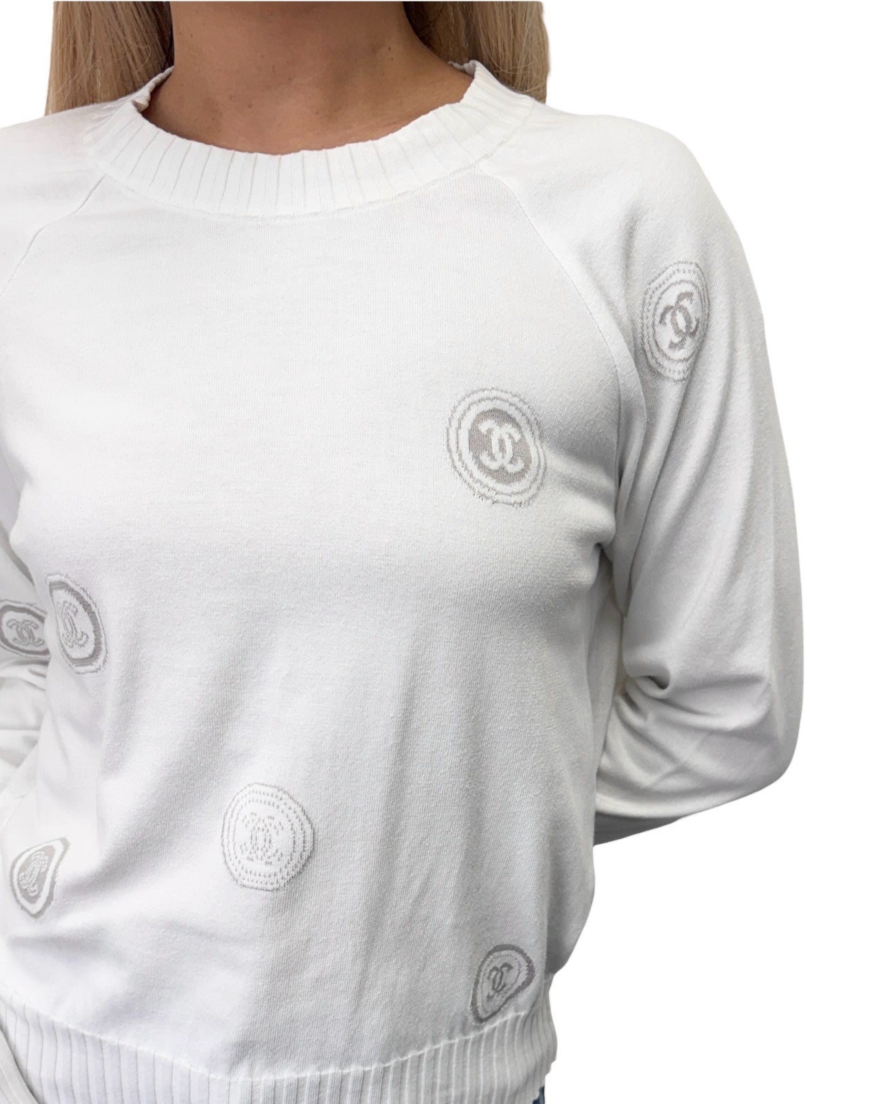 CHANEL Vintage 01P CC Stamp Logo Long Sleeve Shirt Top #38 White Greige 902431