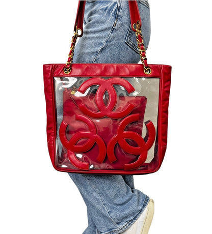 CHANEL Vintage Triple CC Logo Clear Tote Shoulder Bag Red Pouch 902320