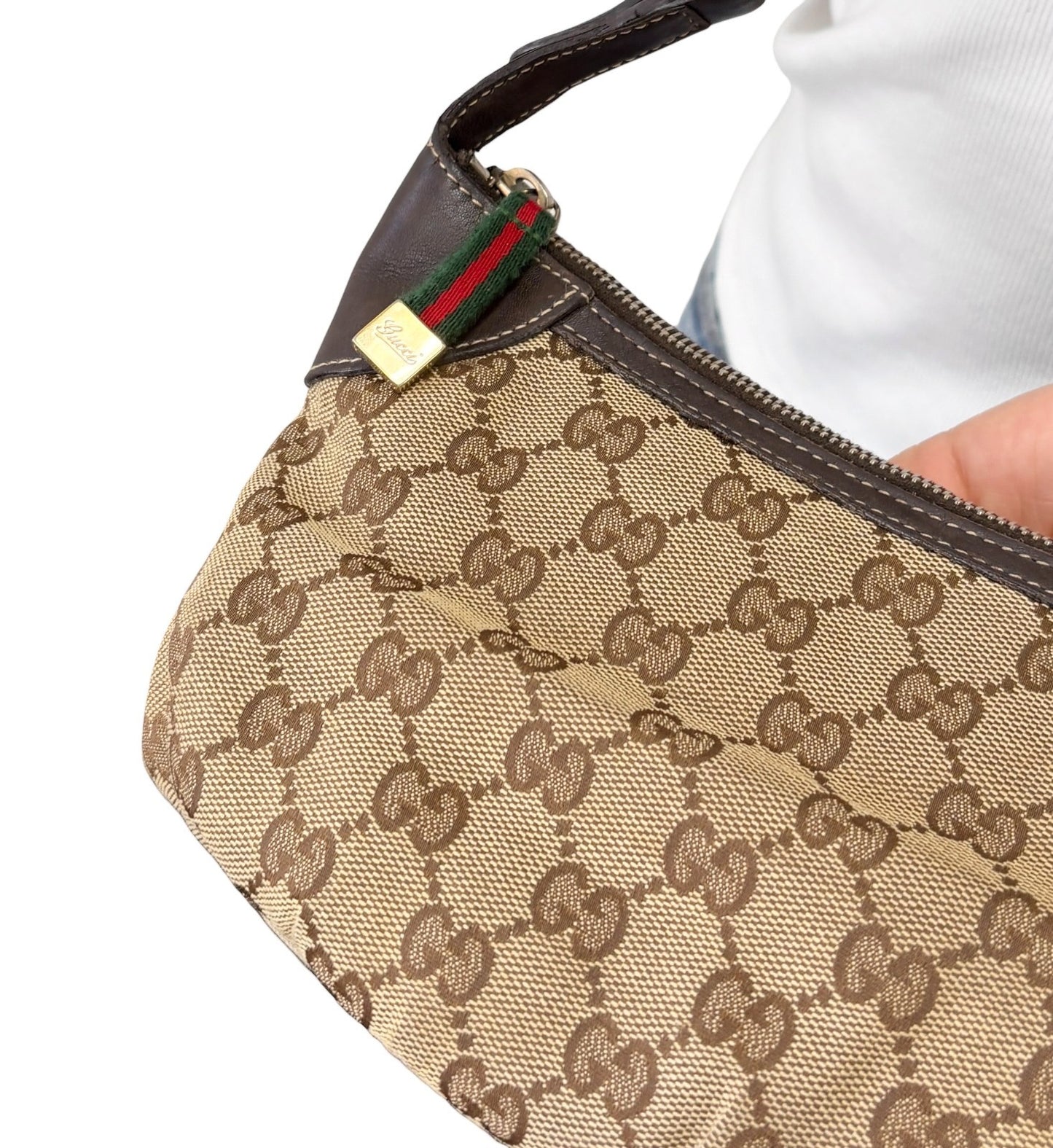 GUCCI Vintage GG Monogram Web Stripe Mini Shoulder Bag Pochette Beige 902417