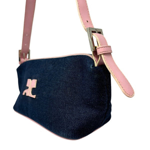 Courreges Vintage Logo Denim Shoulder Bag Pouch Blue Pink Zip Rank AB