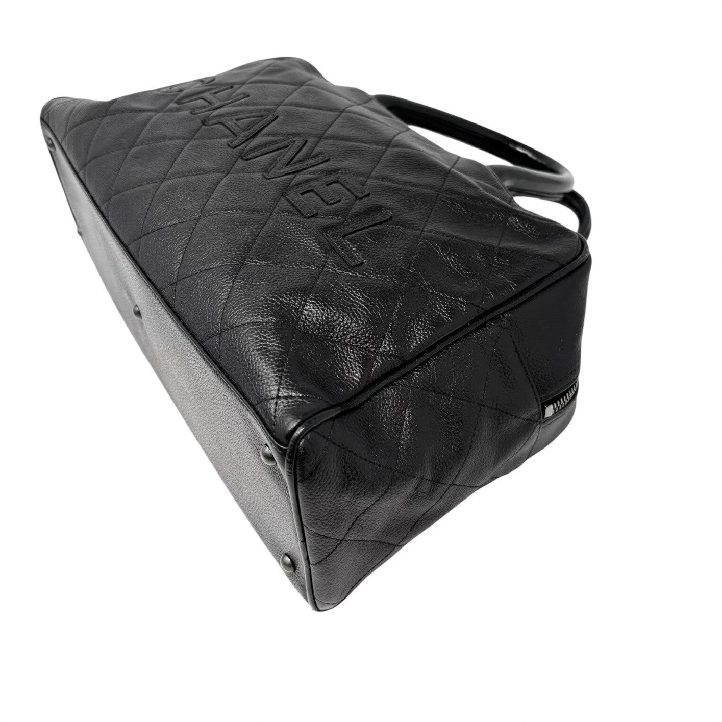 CHANEL Vintage CC Big Logo Quilted Leather Bowling Boston Bag Black Silver