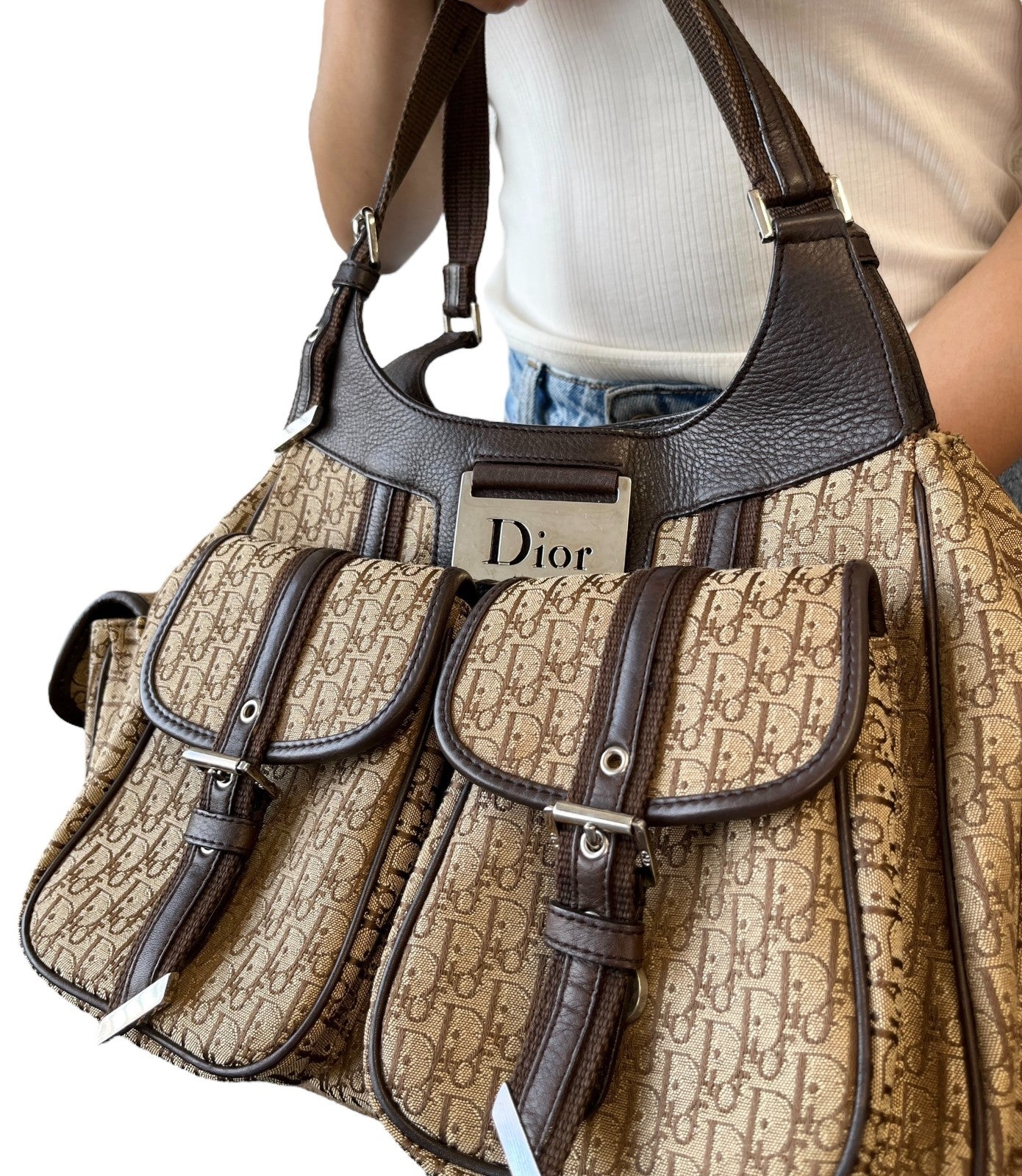 Christian Dior Vintage 2005 Trotter Monogram Street Chic Bag Beige 901899