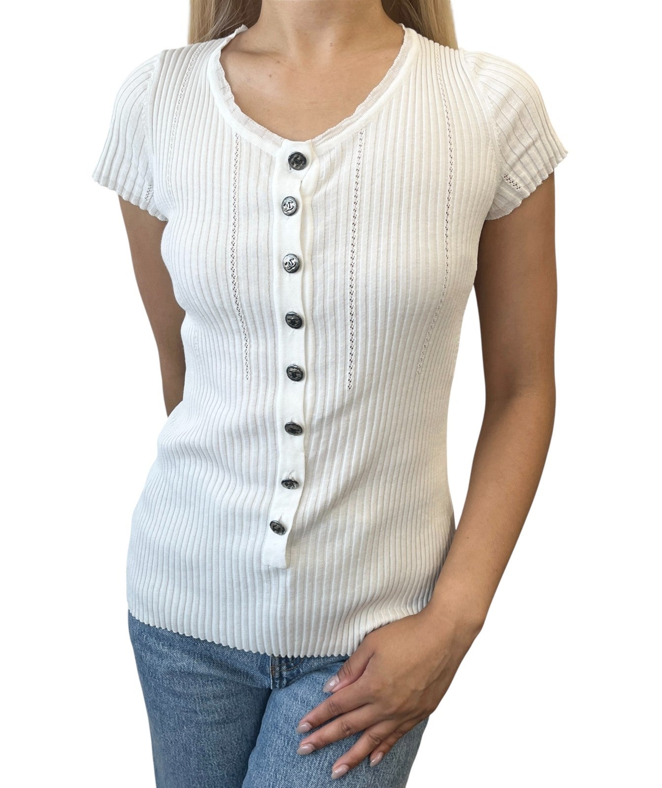 CHANEL Vintage 08P CC Mark Logo Rib Knit T-shirt Top #38 White Gray Cotton