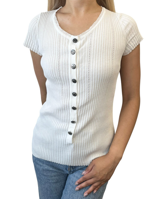 CHANEL Vintage 08P CC Mark Logo Rib Knit T-shirt Top #38 White Gray Cotton