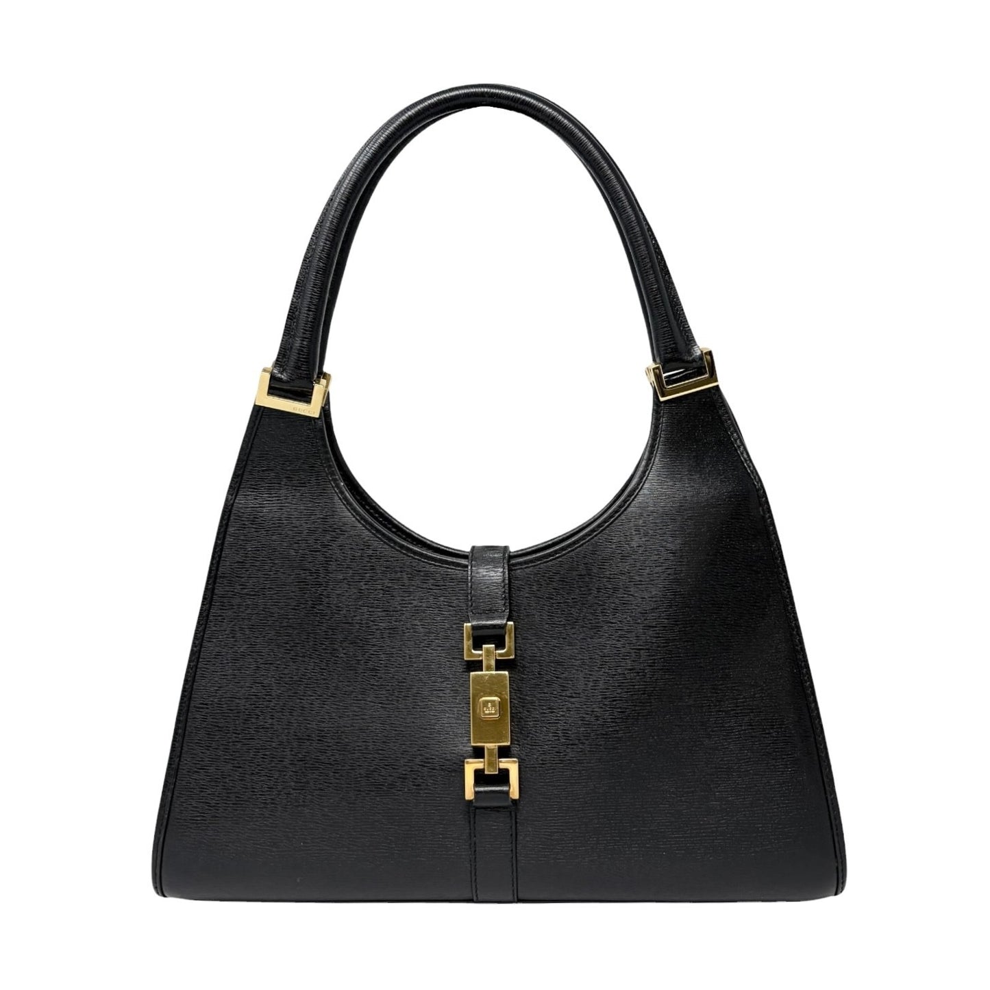 GUCCI Vintage Jackie Logo Shoulder Hobo Bag Handbag Black Gold Leather 902098