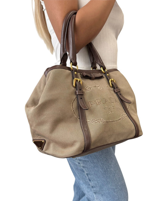 PRADA Vintage Triangle Logo Jacquard Canvas Tote Bag Handbag Khaki Dark Brown