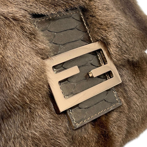FENDI Vintage FF Logo Fur Mini Mamma Baguette Shoulder Bag Brown Gold Leather