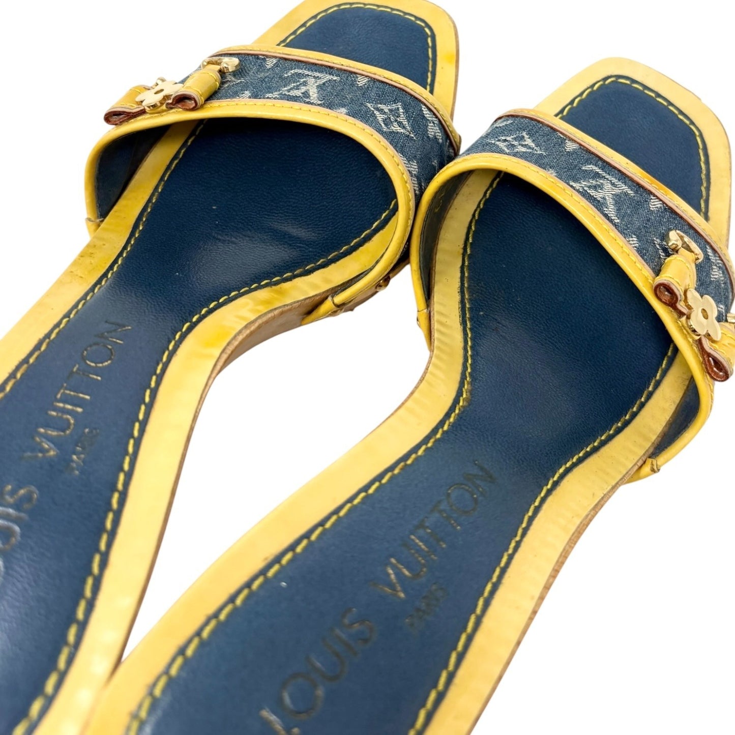 LOUIS VUITTON Vintage Monogram Denim Sandals #36-36.5 Blue Yellow Leather 901872