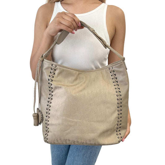 Christian Dior Vintage 2007 Logo Trotter Monogram Tote Bag Beige Nylon Leather