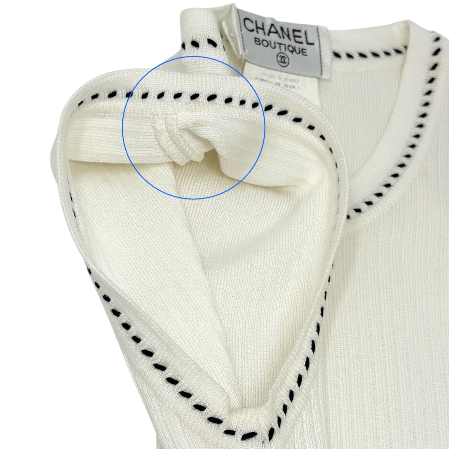 CHANEL Vintage 96P CC Mark Logo Knit Tank Top #42 White Black Cotton Stitch