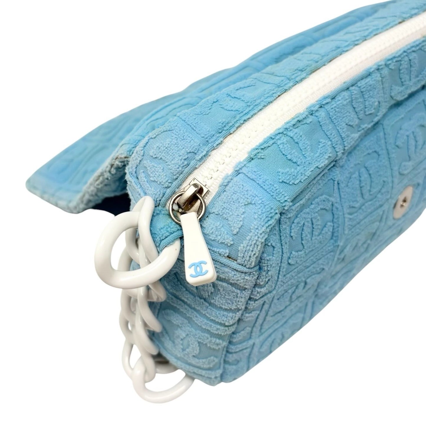 CHANEL Vintage CC Logo Terry Cloth Chain Shoulder Bag Blue White 901828