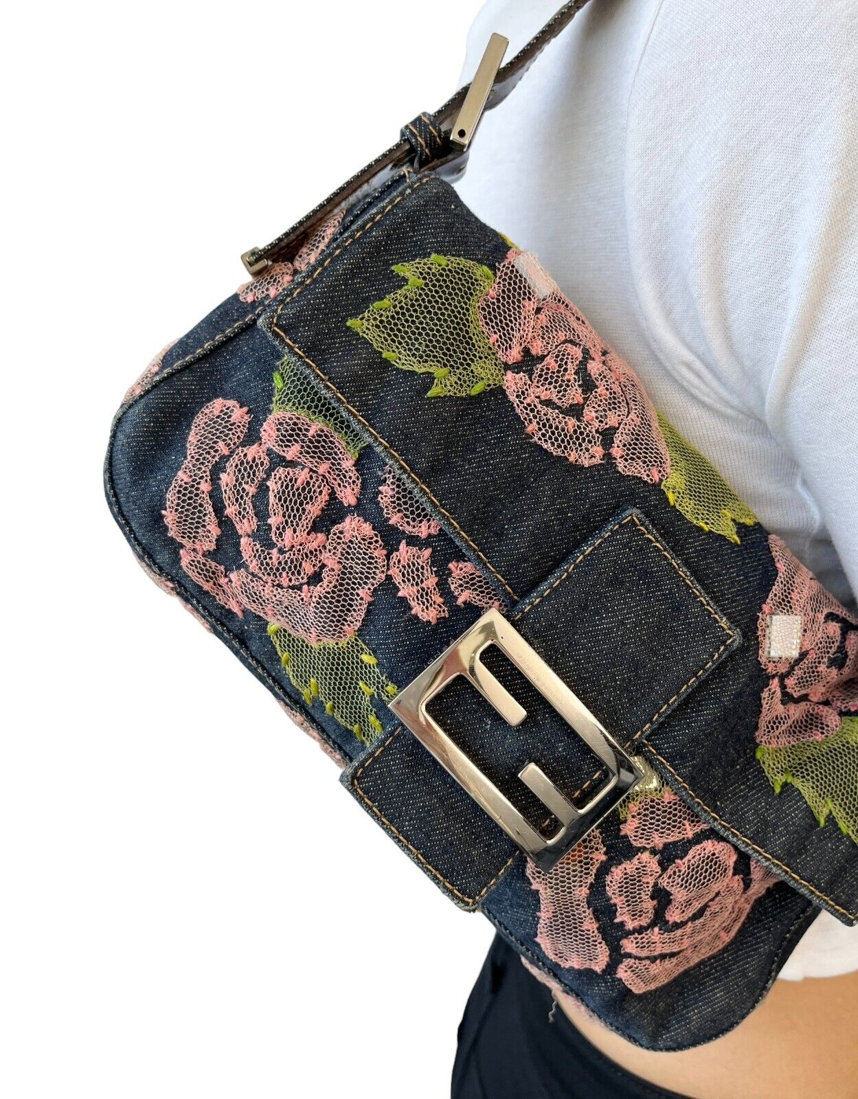 FENDI Vintage Denim Mamma Baguette Shoulder Bag Rose Mirror Pink Cotton Rank AB