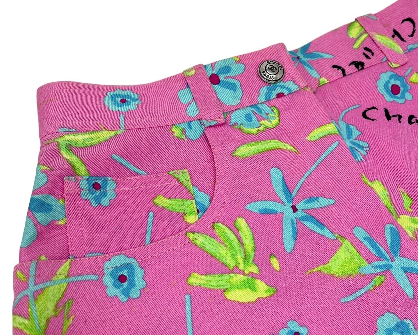 CHANEL Vintage E97 CC Logo Mini Skirt #38 Flower Pink Blue Cotton Rank AB