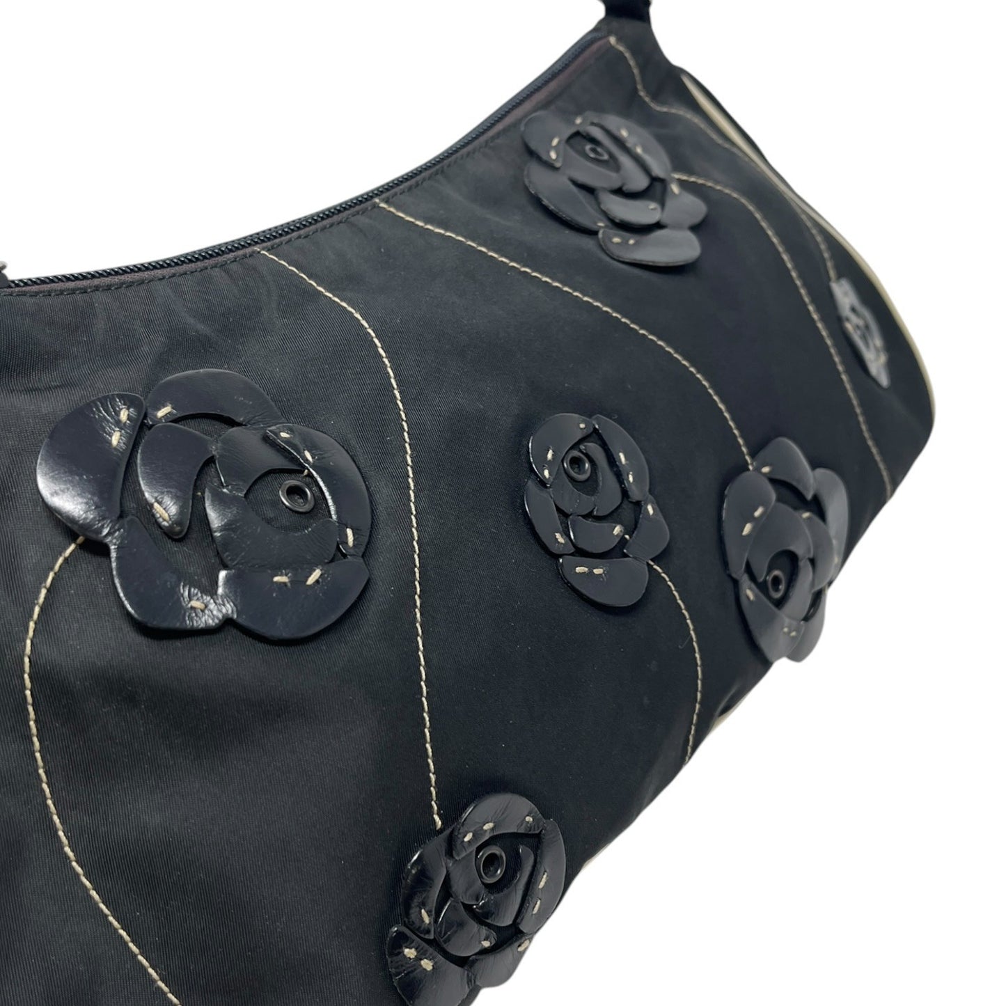 PRADA Vintage Triangle Logo Rose Flower Shoulder Bag Black Nylon Zip 902681