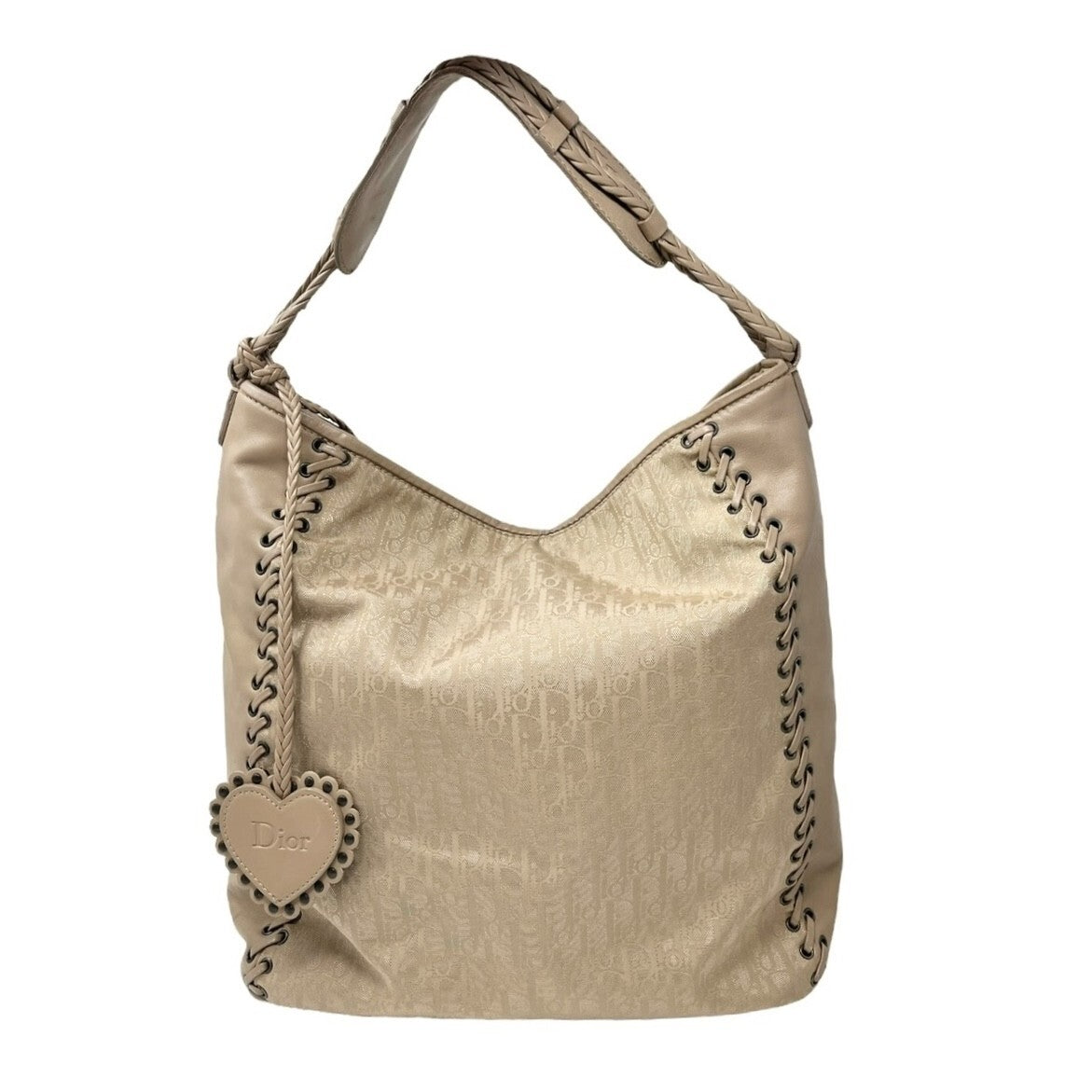 Christian Dior Vintage 2007 Logo Trotter Monogram Tote Bag Beige Nylon Leather