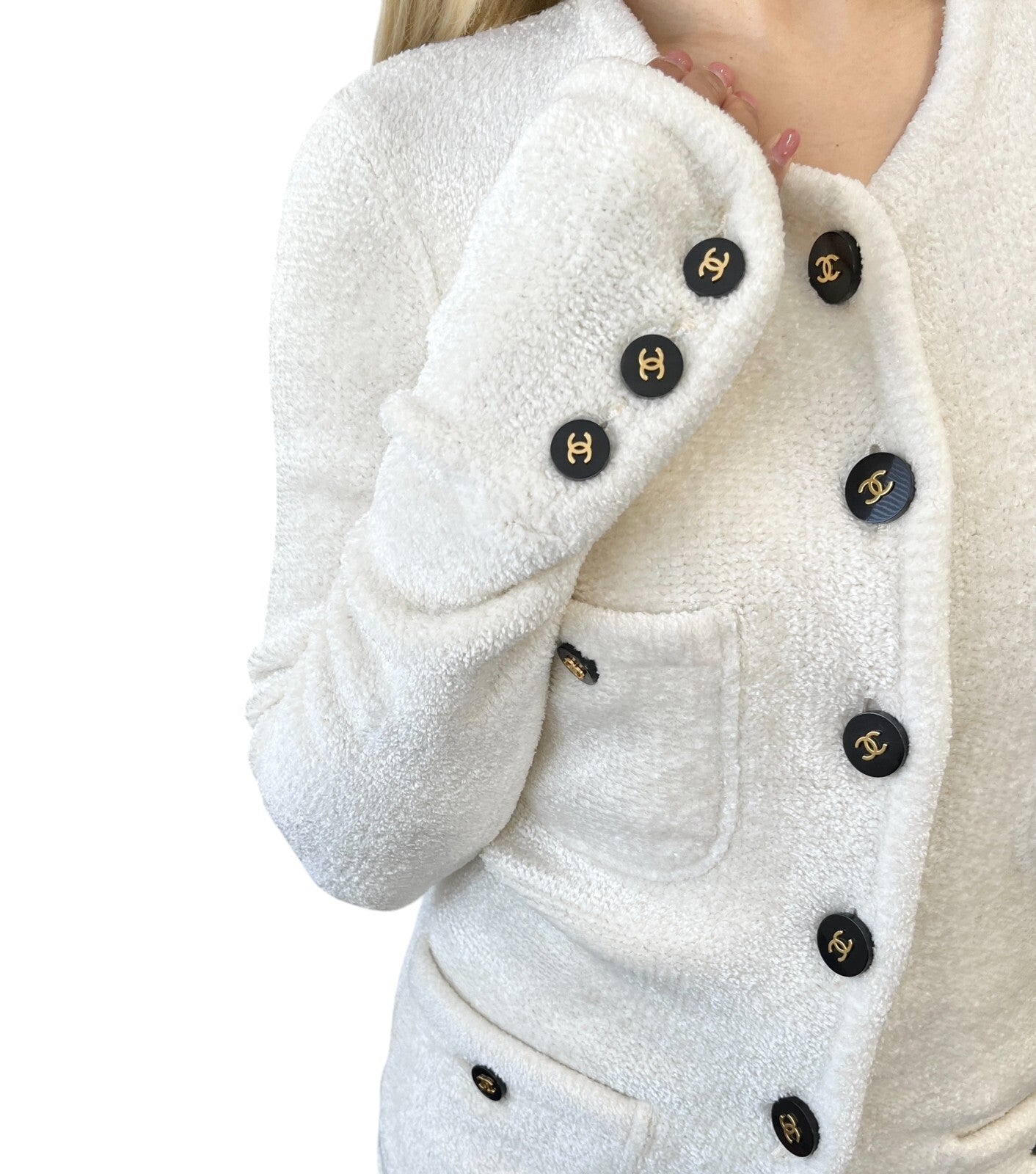 CHANEL Vintage 95A CC Mark Logo Velour Jacket #36 White Gold Viscose Cardigan