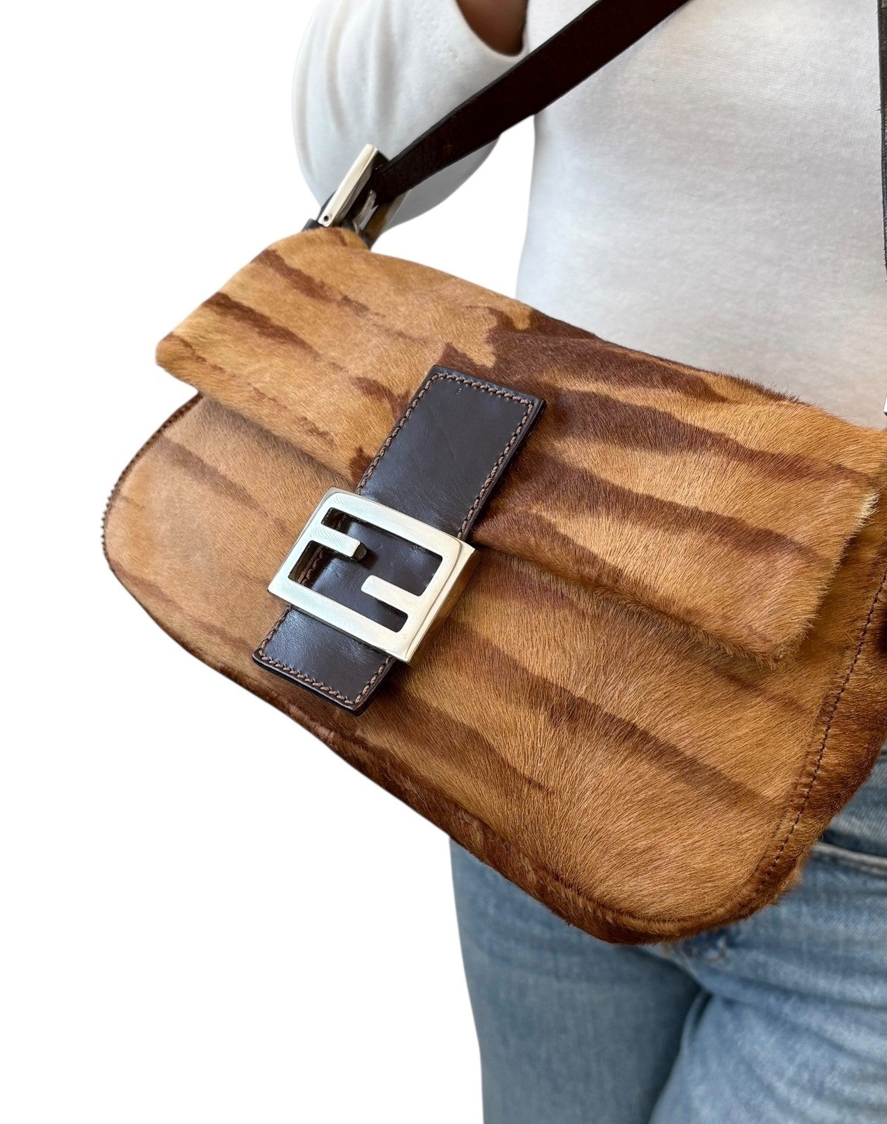 FENDI Vintage Mamma Baguette Pony Calf Hair Shoulder Bag Brown Beige 901889