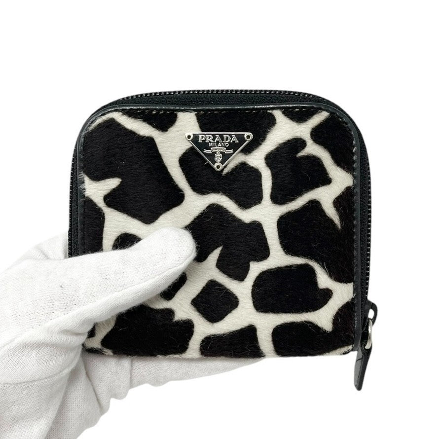 PRADA Vintage Logo Animal Print Giraffe Wallet Purse Black White Calf Hair Zip
