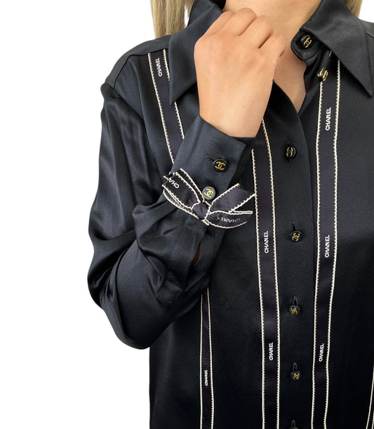 CHANEL Vintage 94A CC Logo Button Up Blouse Silk Shirt #36 Ribbon Black