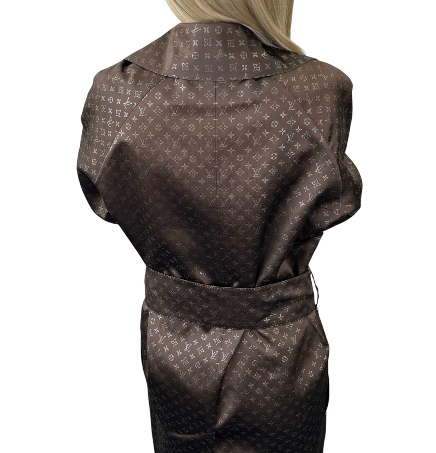 LOUIS VUITTON Vintage Monogram Silk Trench Coats Jacket Belt #36 Brown Silver