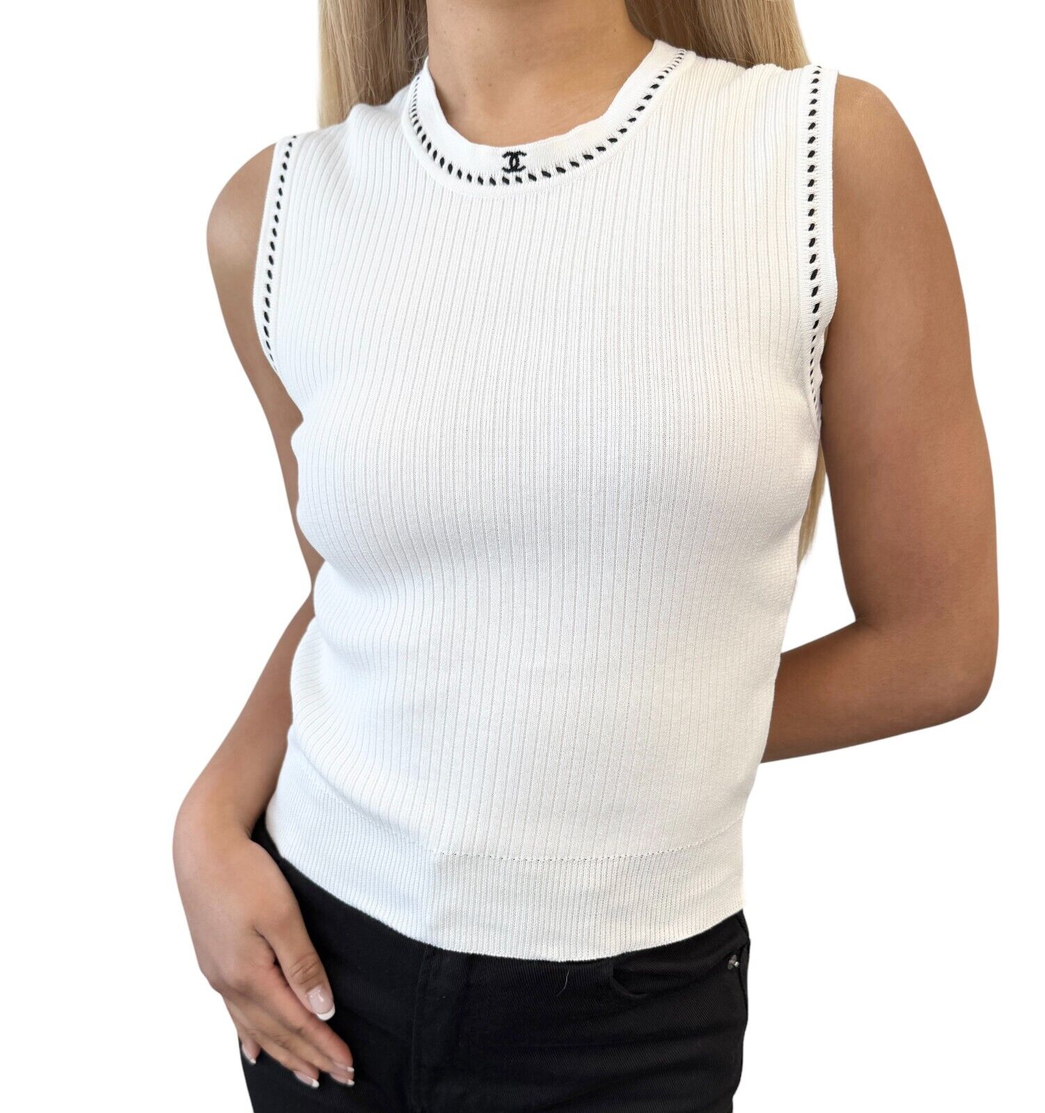 CHANEL Vintage 96P CC Logo Knit Tank Top #40 White Black Cotton Stitch
