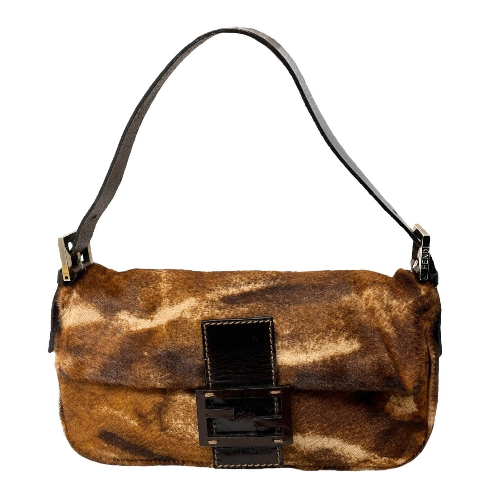 FENDI Vintage Calf Hair Mamma Baguette Shoulder Bag Brown Beige Leather