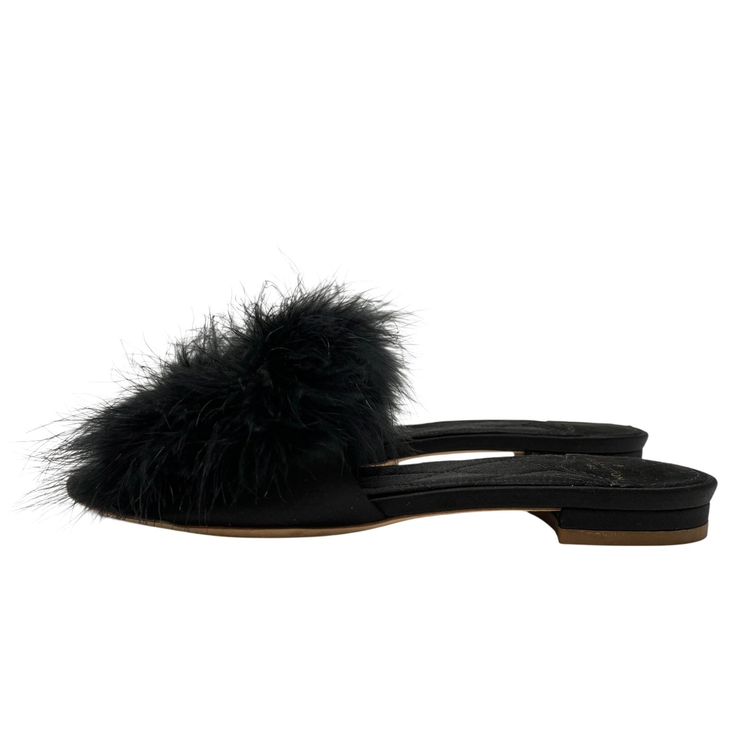 LOUIS VUITTON LV Bijou Logo Fur Flat Sandals #36 Rhinestone Black Gold Satin