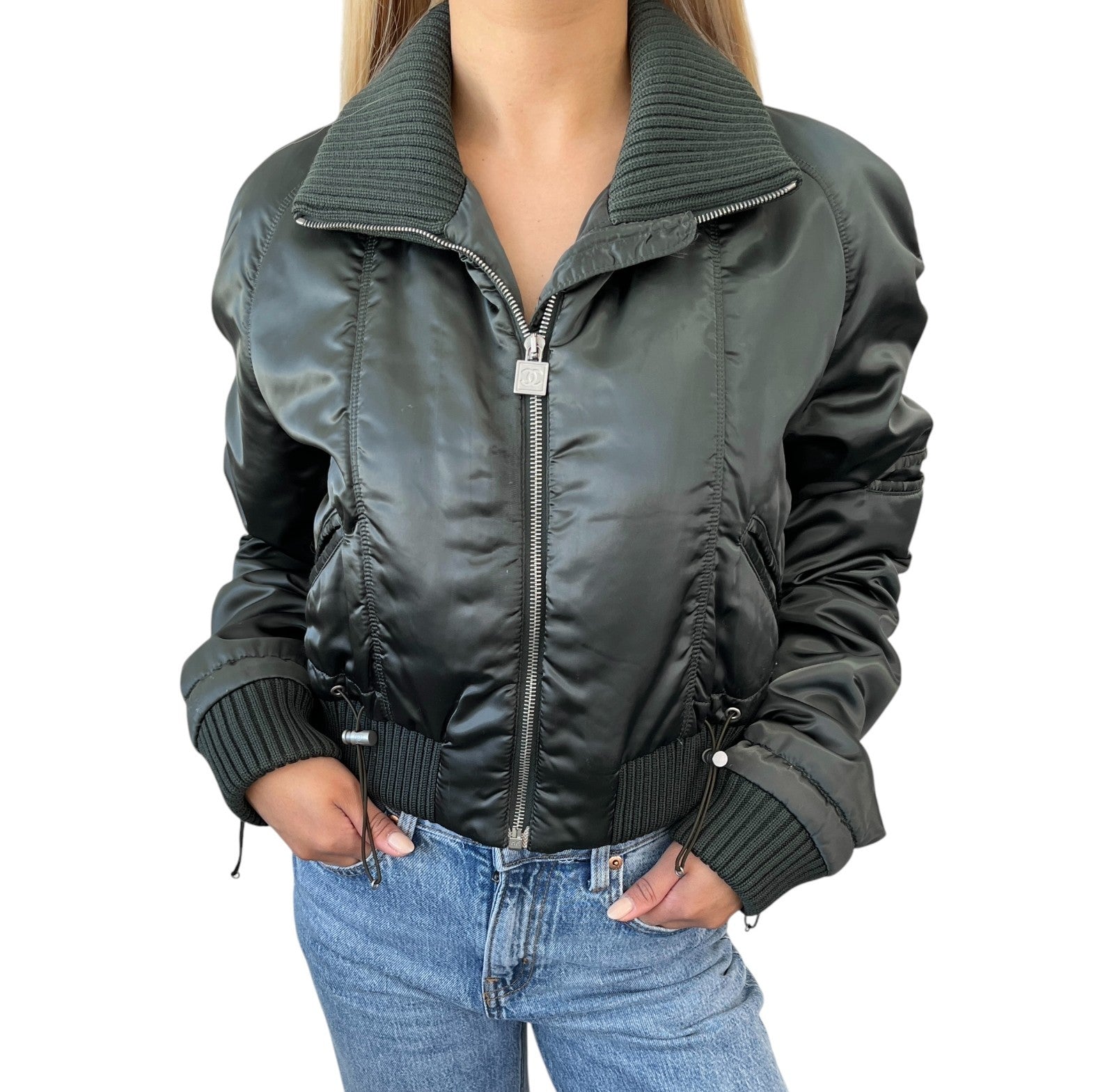 CHANEL Sport Vintage 03A CC Logo Nylon Jacket #38 Rib Knit Zip Green Silver