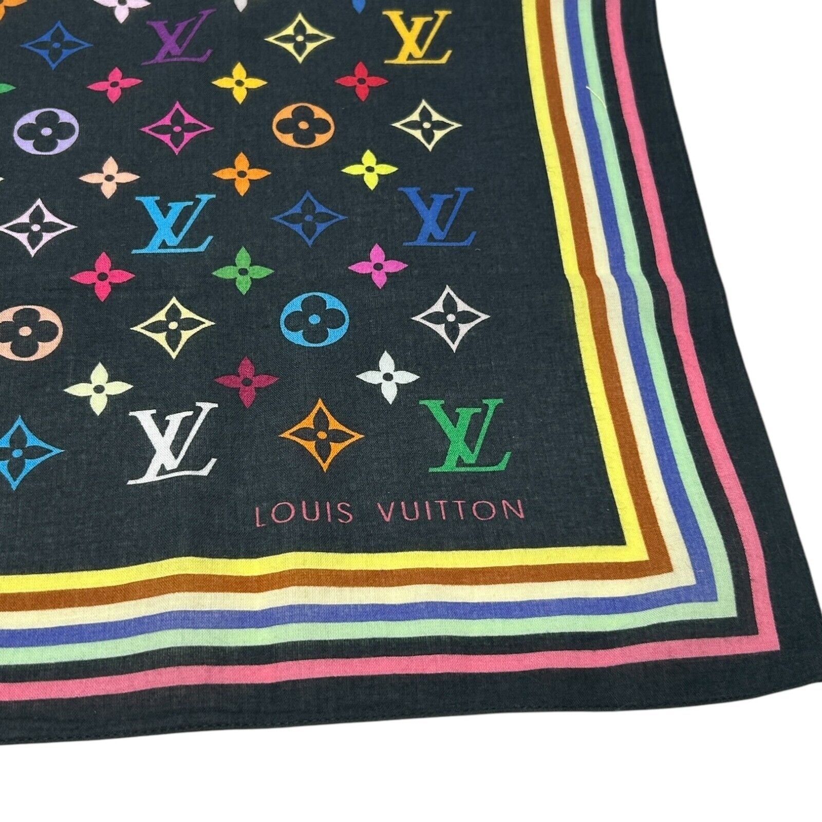 LOUIS VUITTON Vintage LV Logo Monogram Multicolor Scarf Wrap Shawl Black