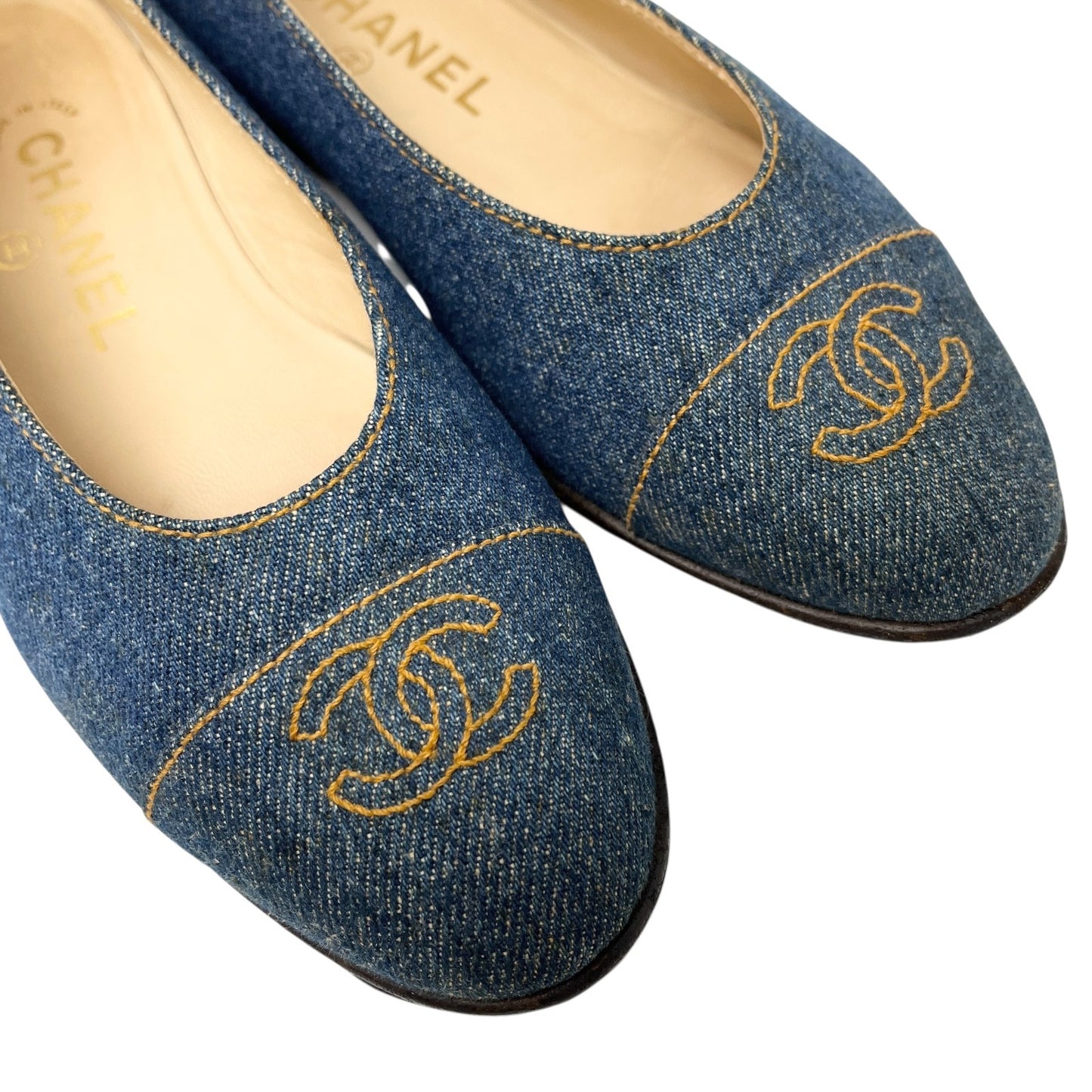 CHANEL Vintage 97P CC Mark Logo Denim Flat Shoes #36 Stitch Blue Beige Cotton