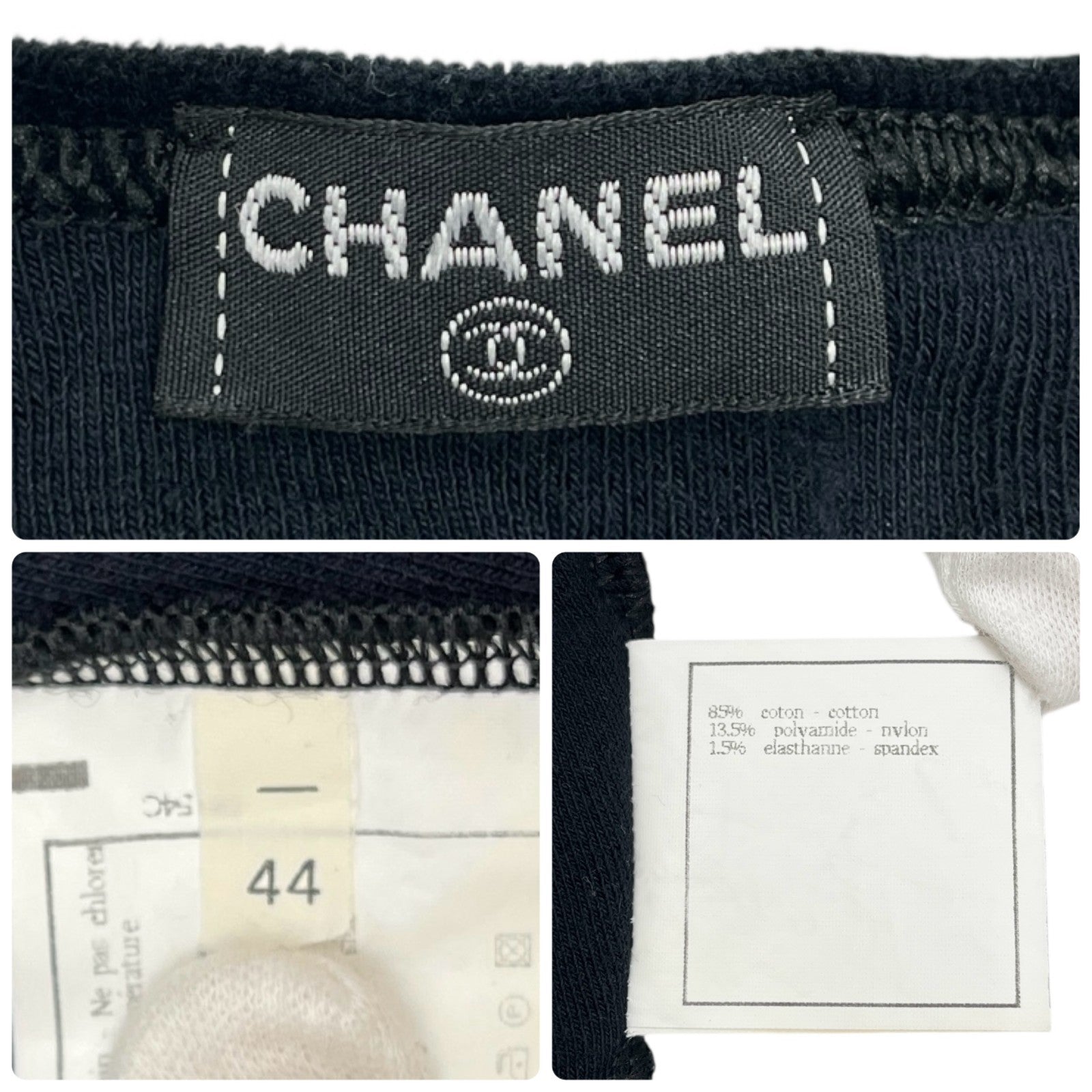 CHANEL Vintage 1996 CC Logo Monogram Velour T-shirt Top #44 Black Cotton