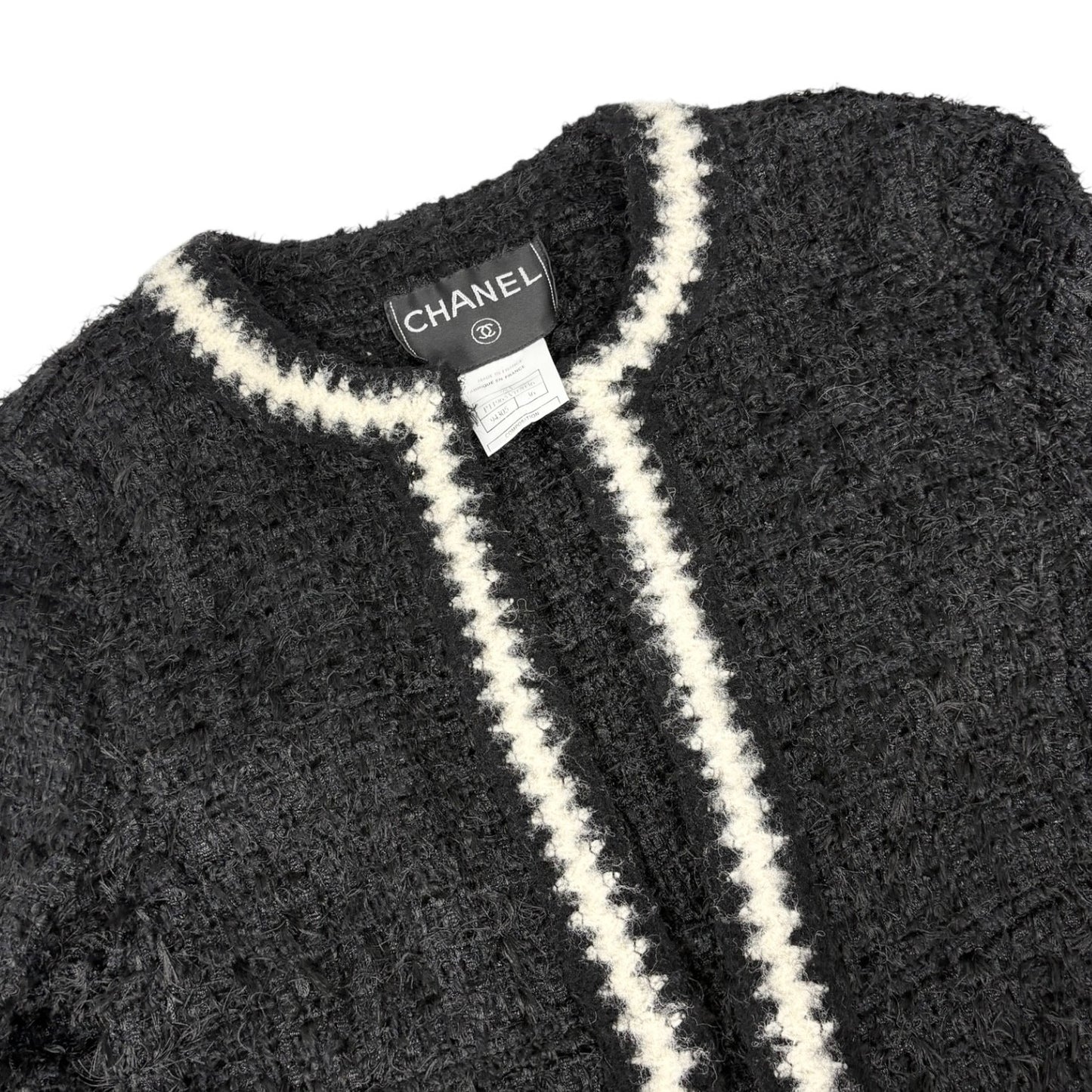CHANEL Vintage 98A Tweed Jacket Top CC Logo Button #36 Black White Polyester