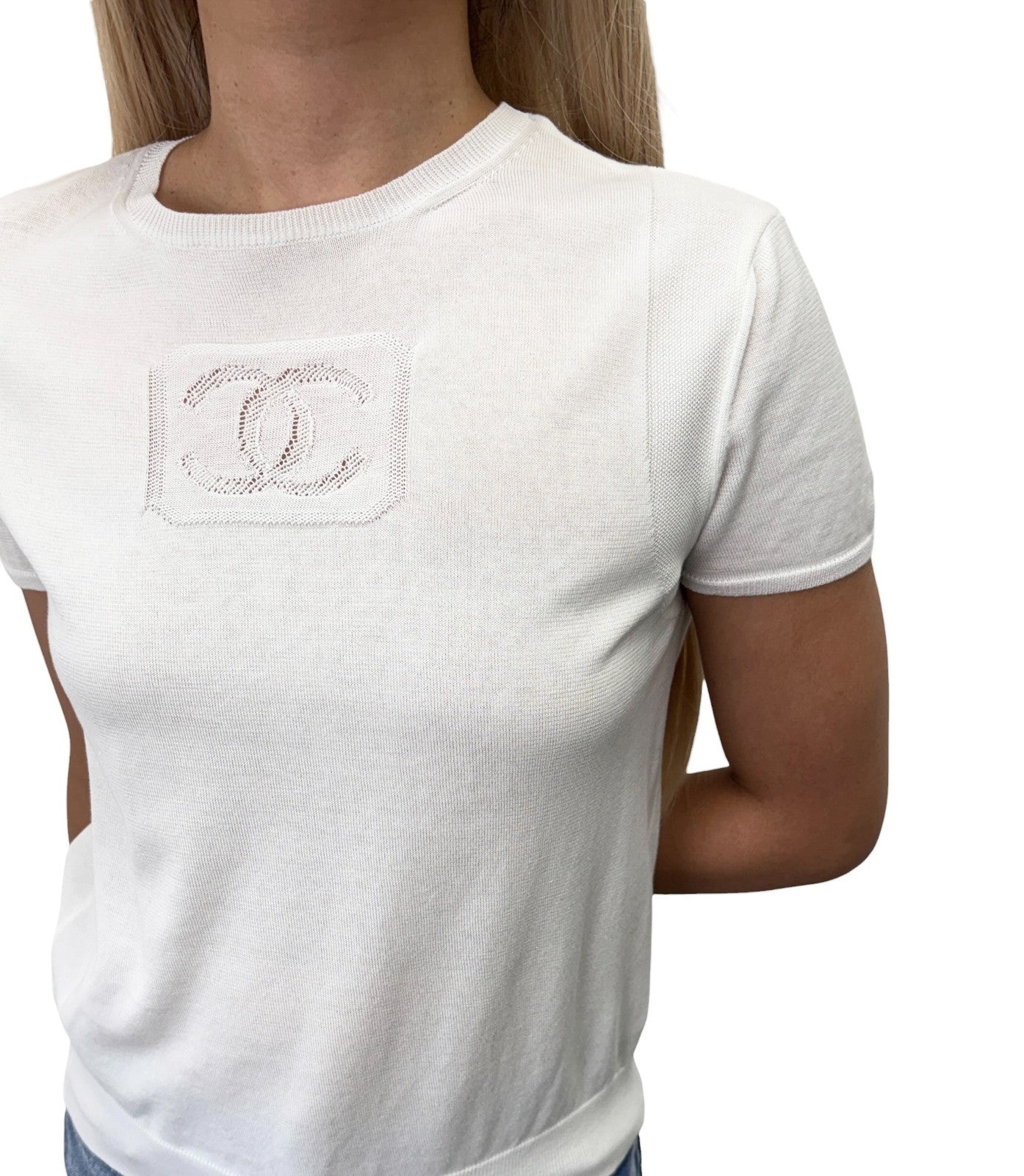 CHANEL Vintage 03P CC Logo Mesh Knit T-shirt Top #38 White Cotton 902422