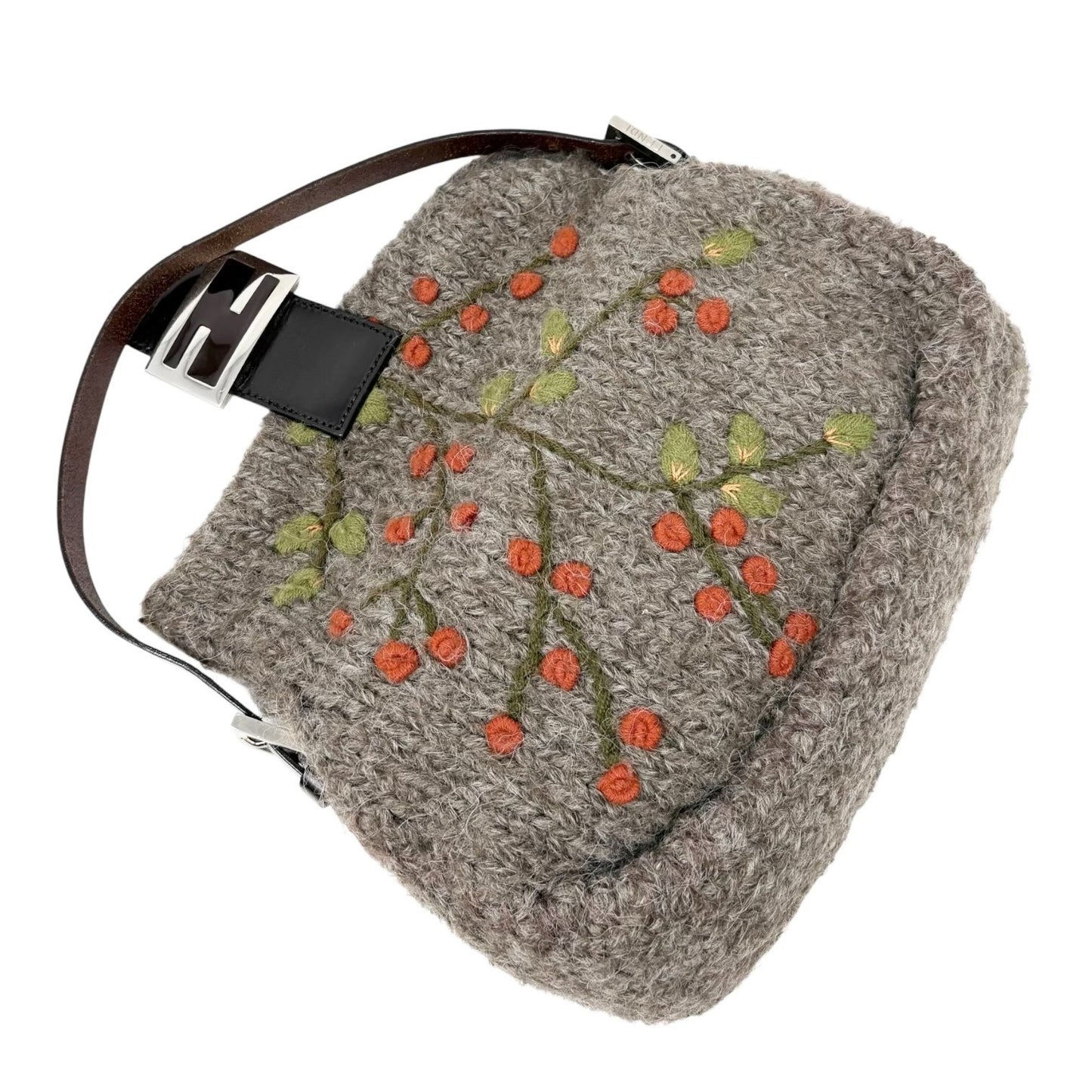 FENDI Vintage FF Mamma Baguette Wool Knit Shoulder Bag Gray Brown Flower