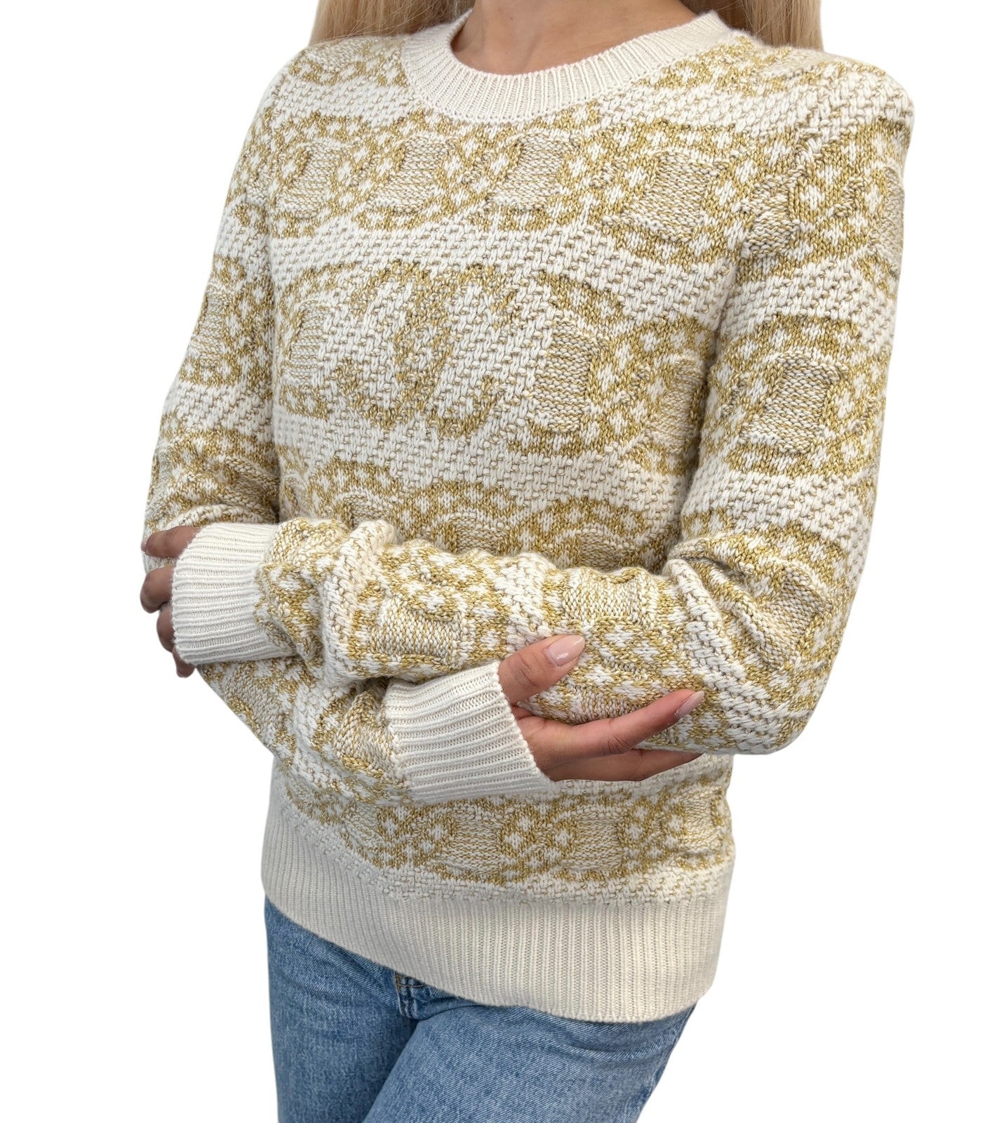 CHANEL P63133 CC Logo Cashmere Knit Sweater Top #34 Beige Cream Cotton