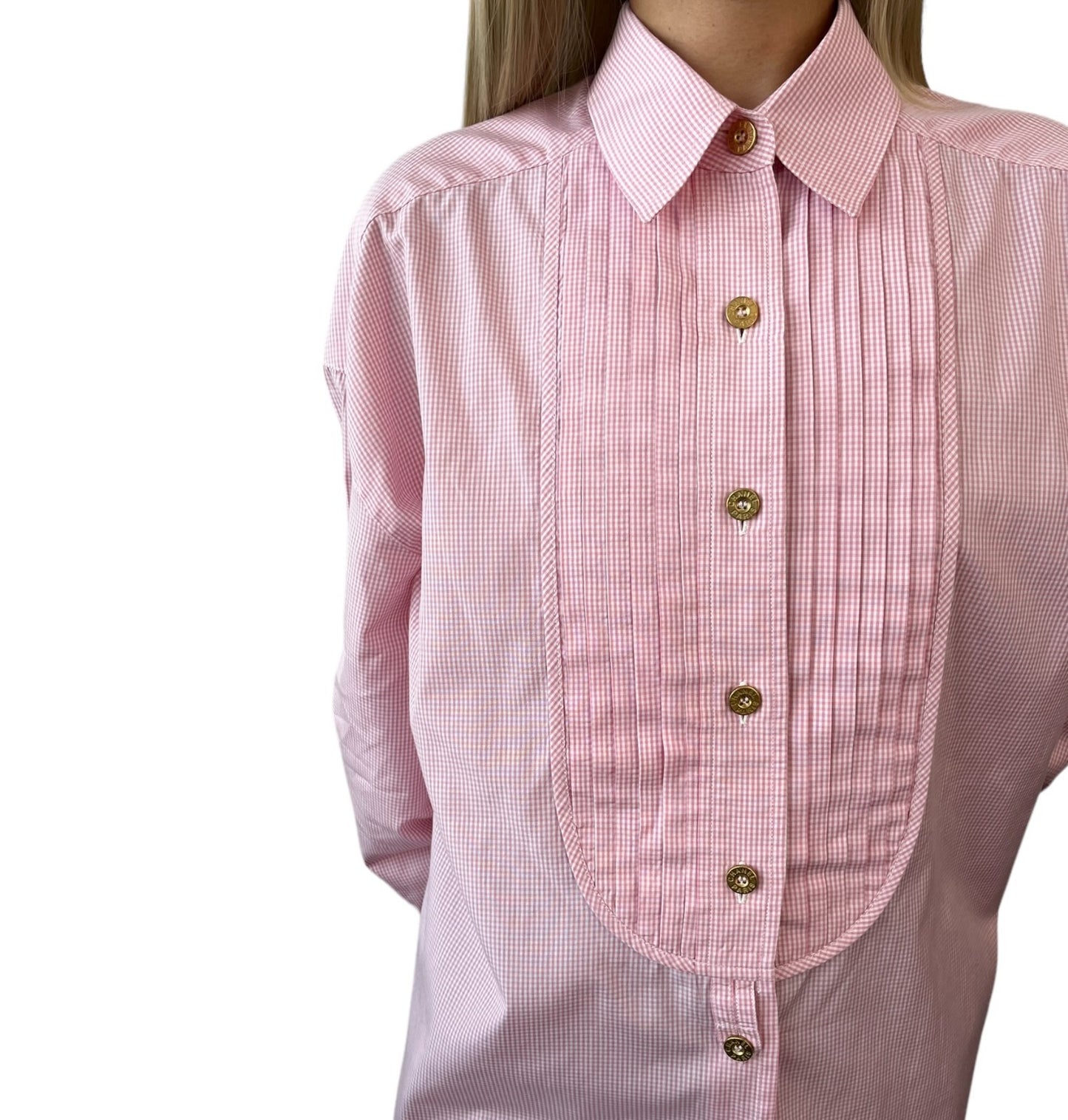 CHANEL Vintage CC Logo Gingham Check Button Up Shirt Top Pink  Cotton 901849
