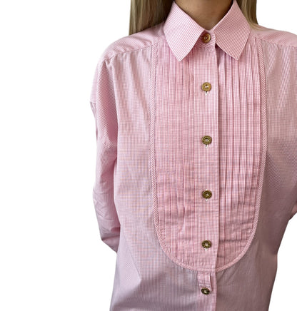 CHANEL Vintage CC Logo Gingham Check Button Up Shirt Top Pink  Cotton 901849