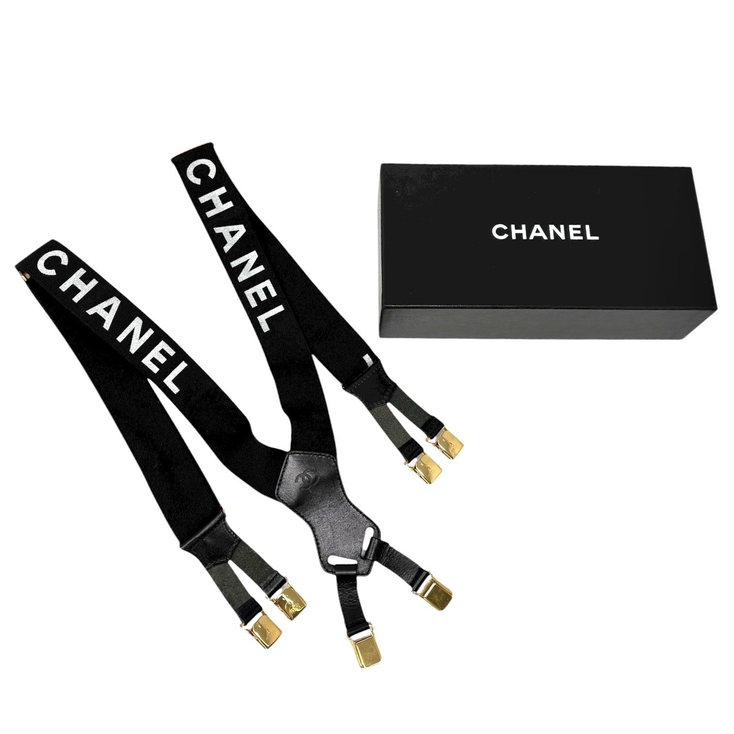 CHANEL Vintage 1994 CC Logo Letter Suspender Belt Black White Cotton Leather