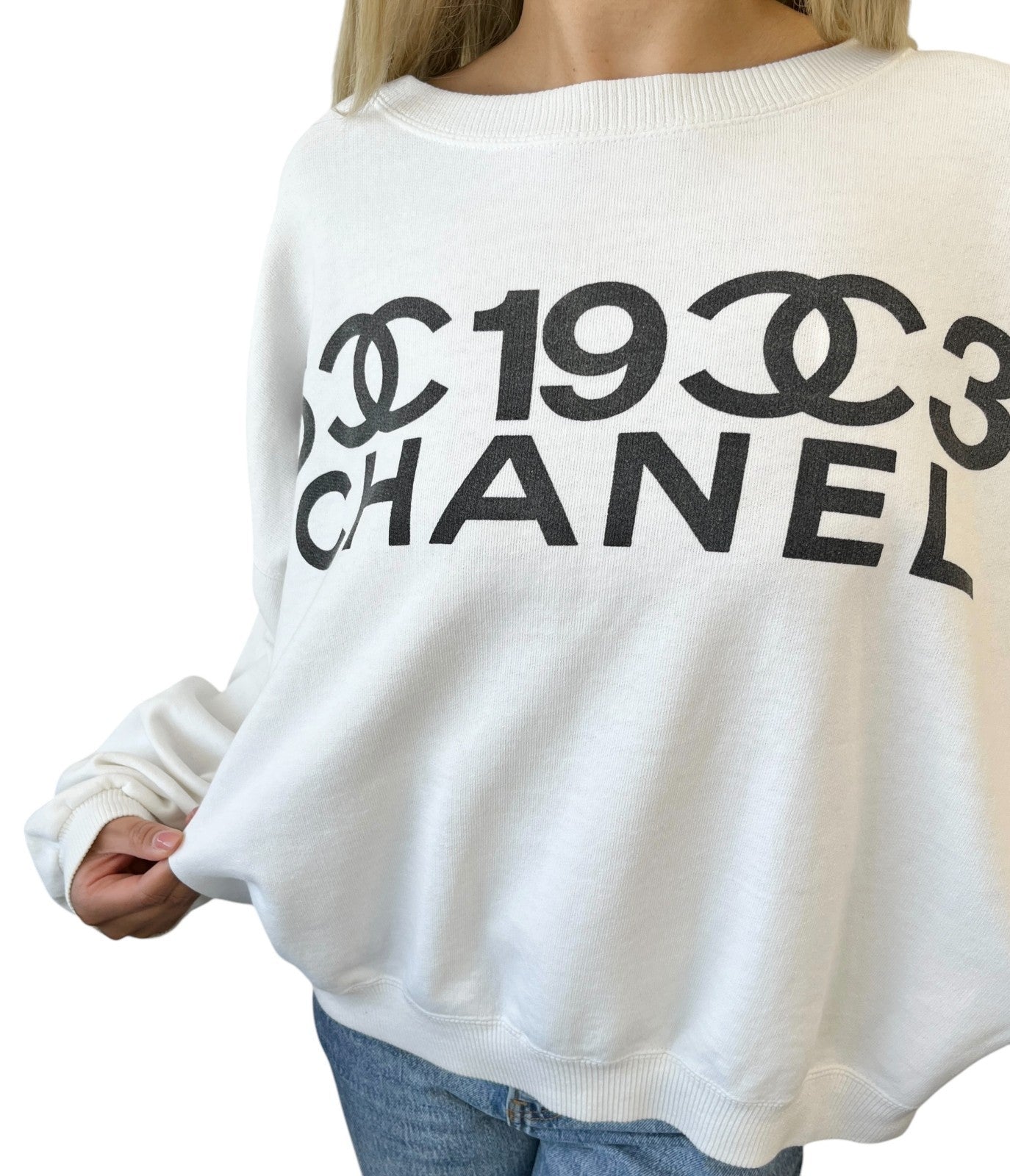 CHANEL Vintage CC Logo Sweatshirt Top White Black Cotton Long Sleeve 901974